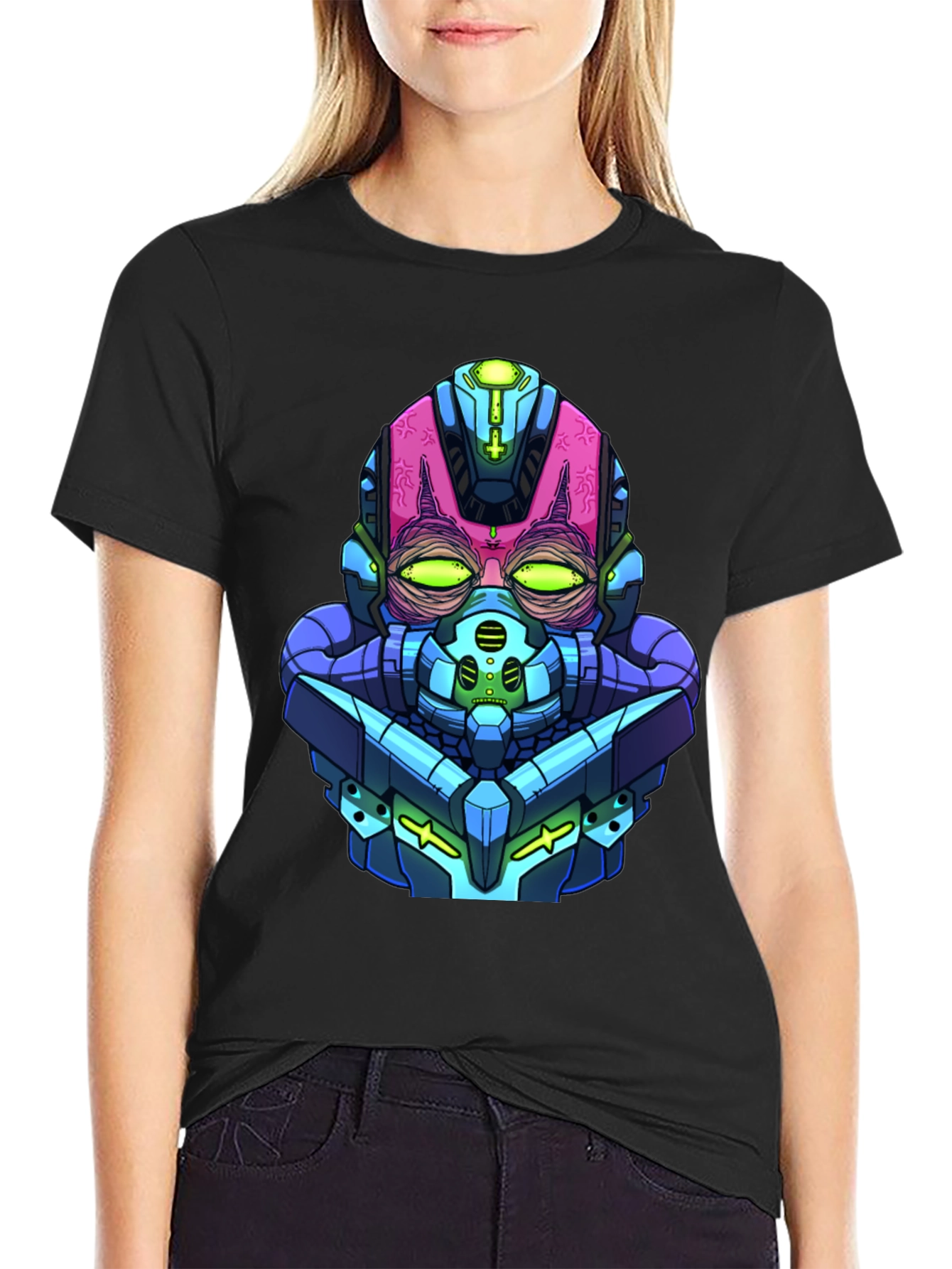Cyberpunk Robot Head Graphic Tee - Black Cotton Blend