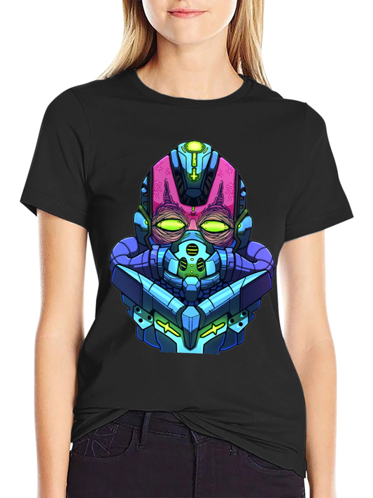 Cyberpunk Robot Head Graphic Tee - Black Cotton Blend