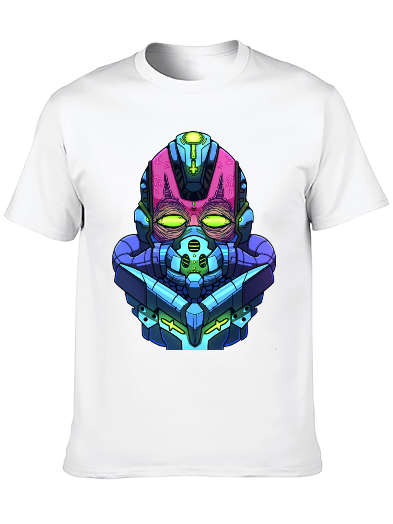 Cyberpunk Robot Head Graphic Tee - Black Cotton Blend
