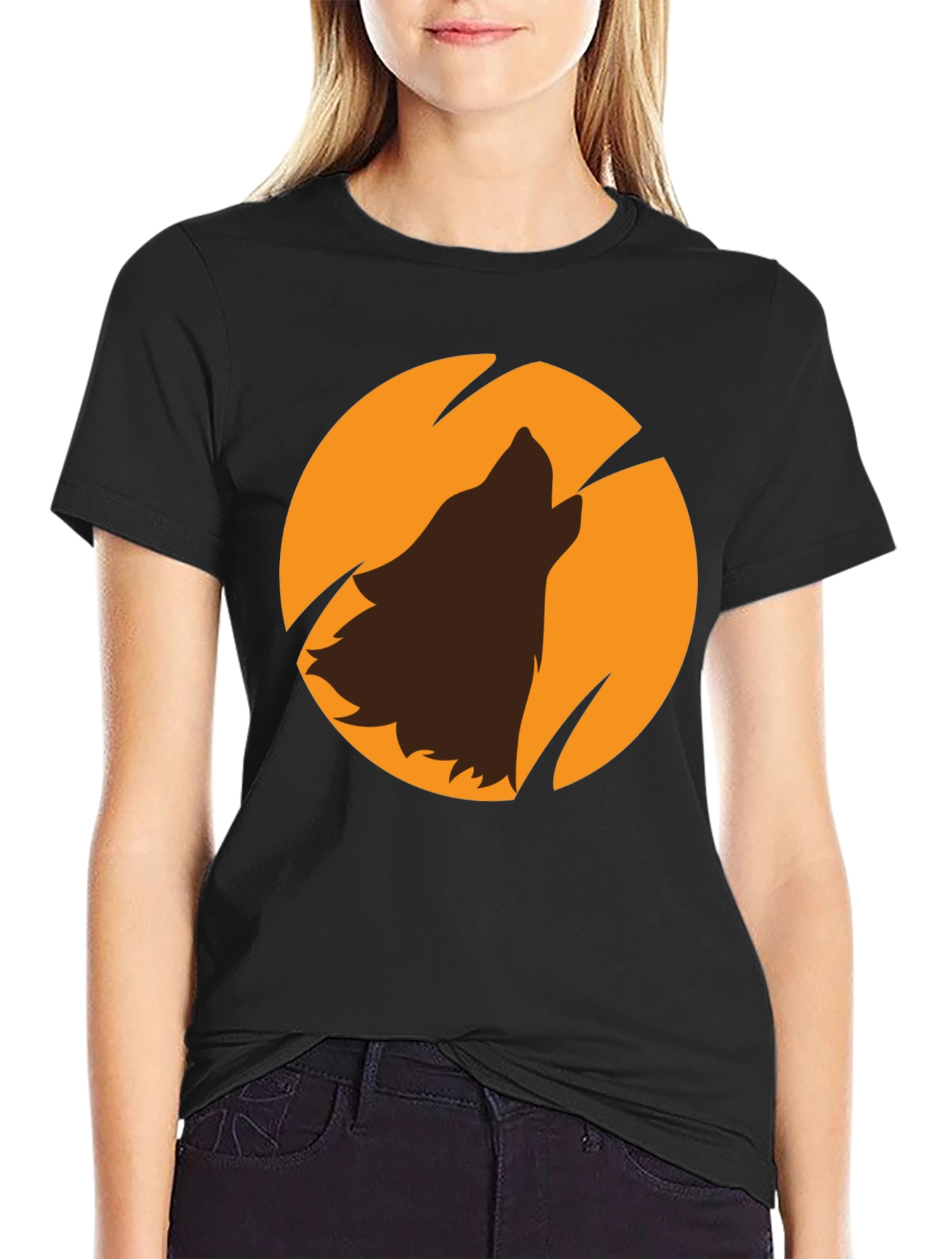 Wolf Howling at Moon Black Graphic T-Shirt
