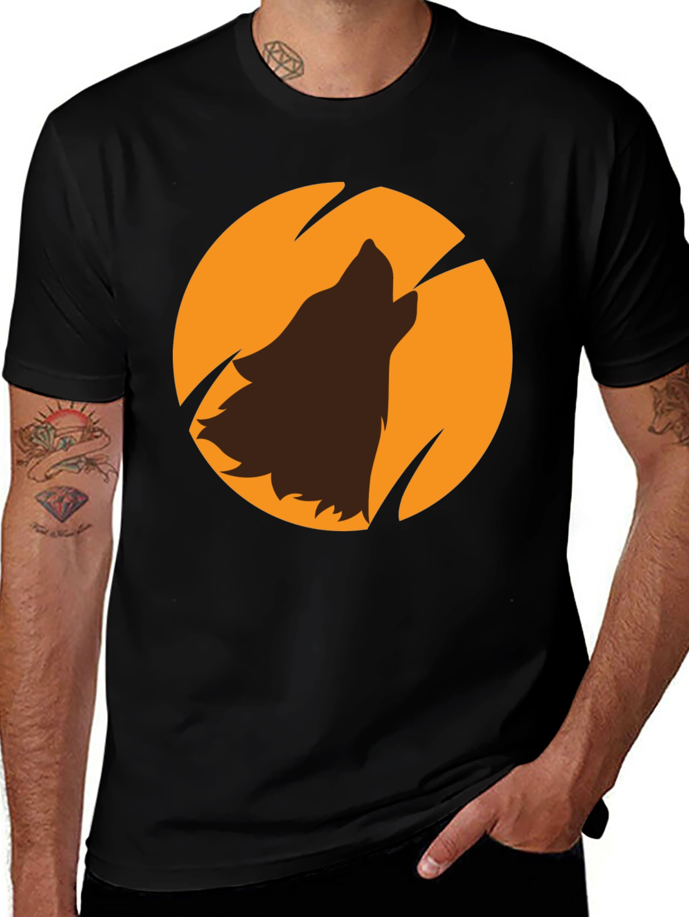 Wolf Howling at Moon Black Graphic T-Shirt
