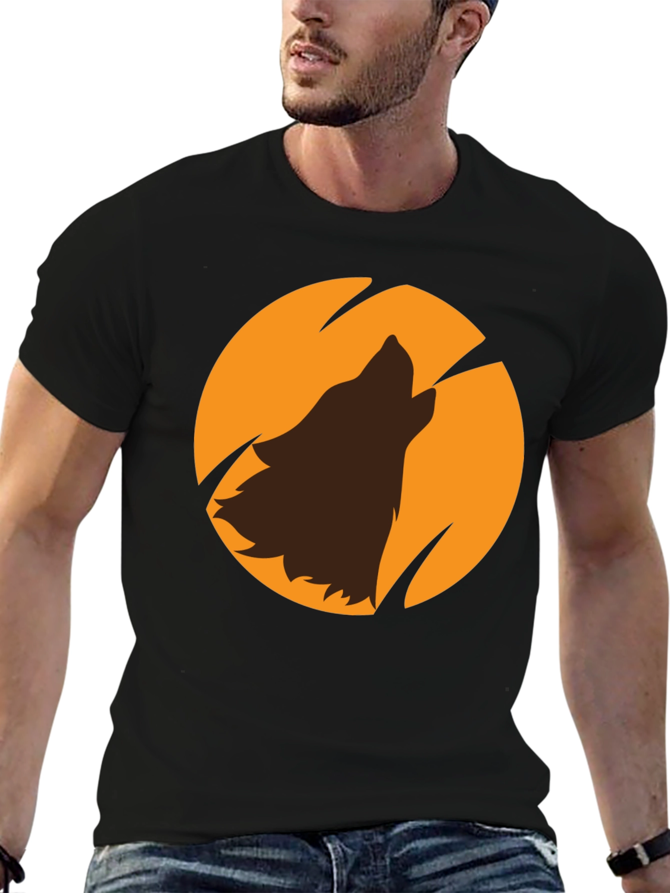 Wolf Howling at Moon Black Graphic T-Shirt