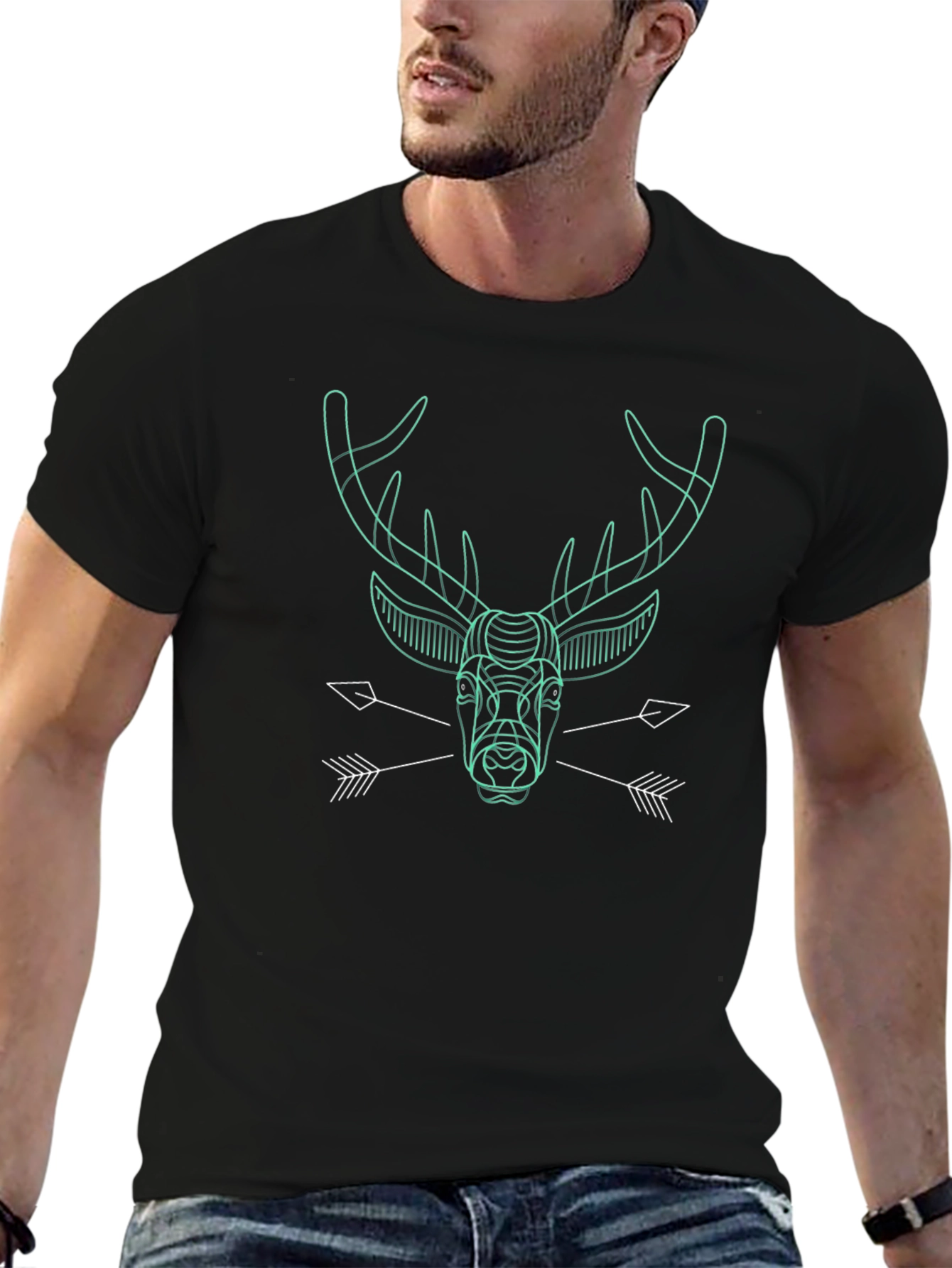 Geometric Deer Graphic Print Black T-Shirt