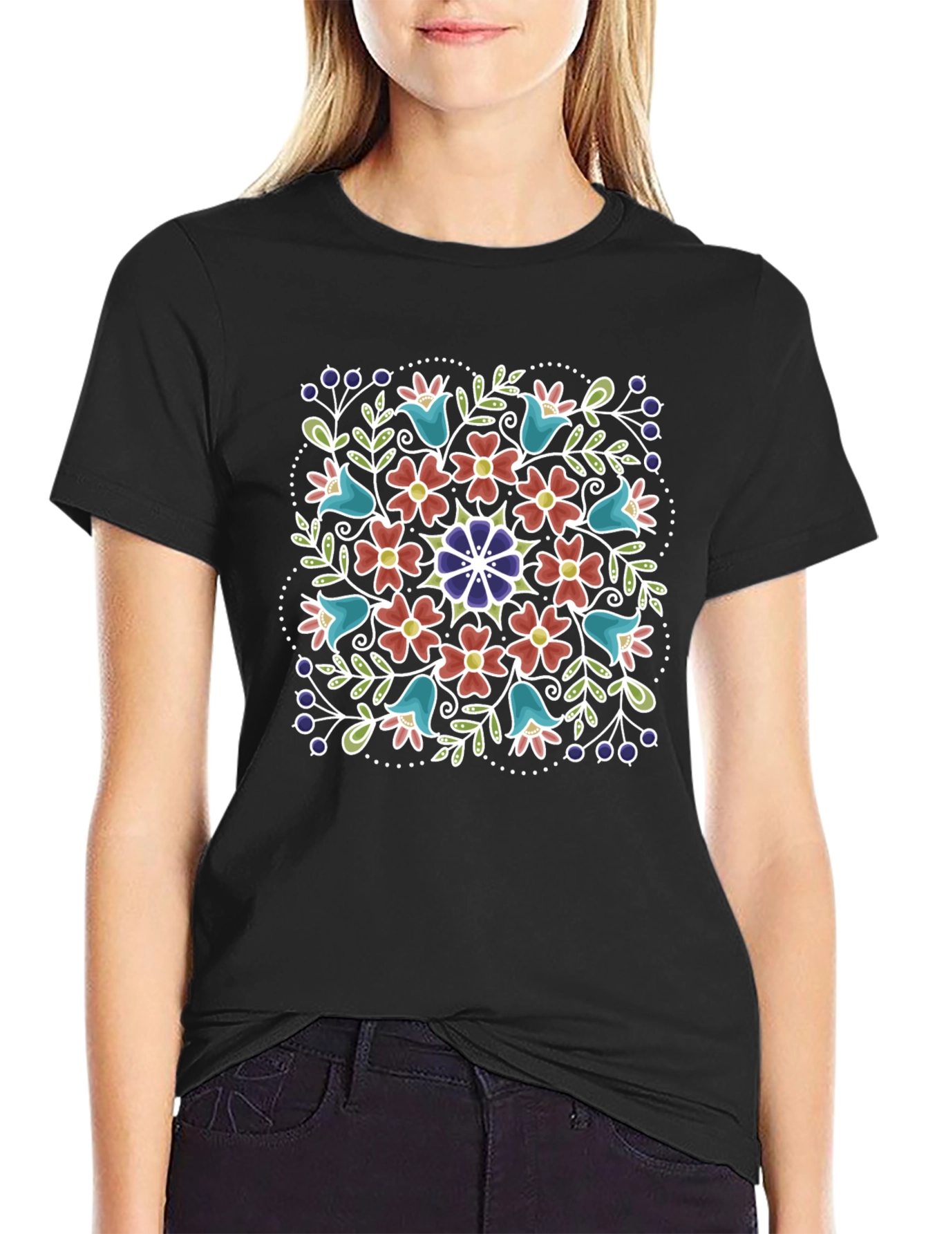 Floral Print Mens Black T-Shirt