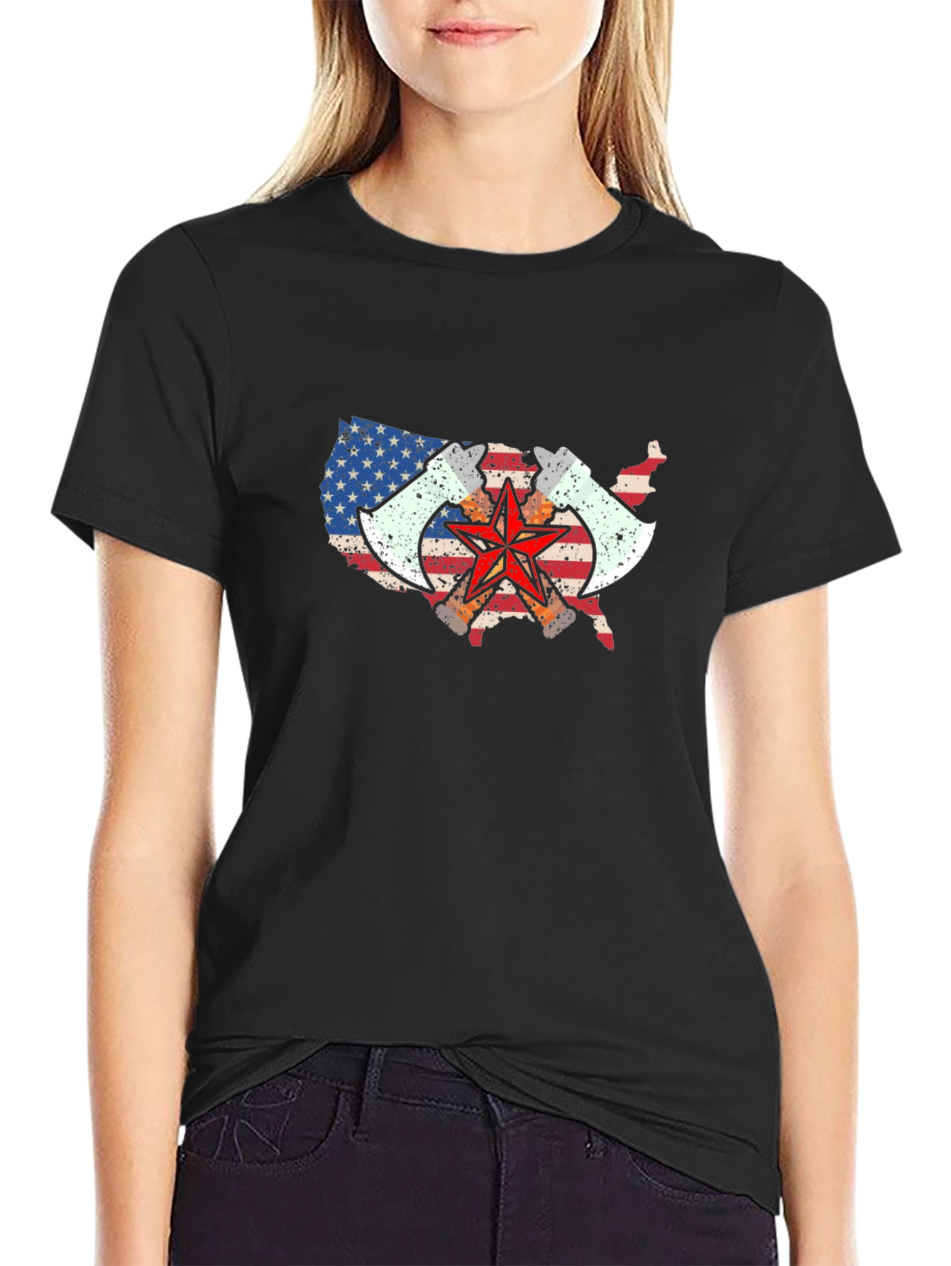 USA Map Axe & Star Graphic T-Shirt - Black
