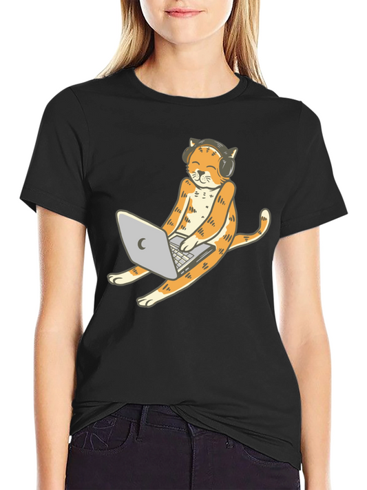 Cat Lover T-Shirt: Working Cat with Laptop & Headphones