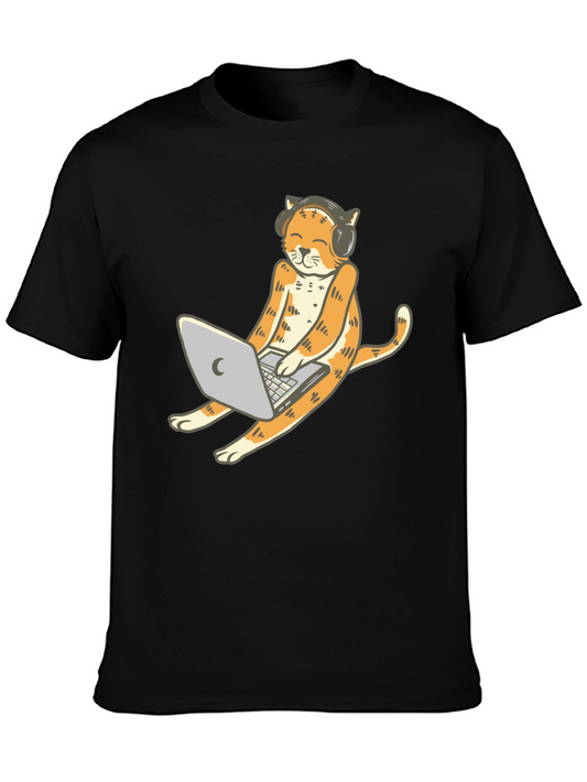 Cat Lover T-Shirt: Working Cat with Laptop & Headphones