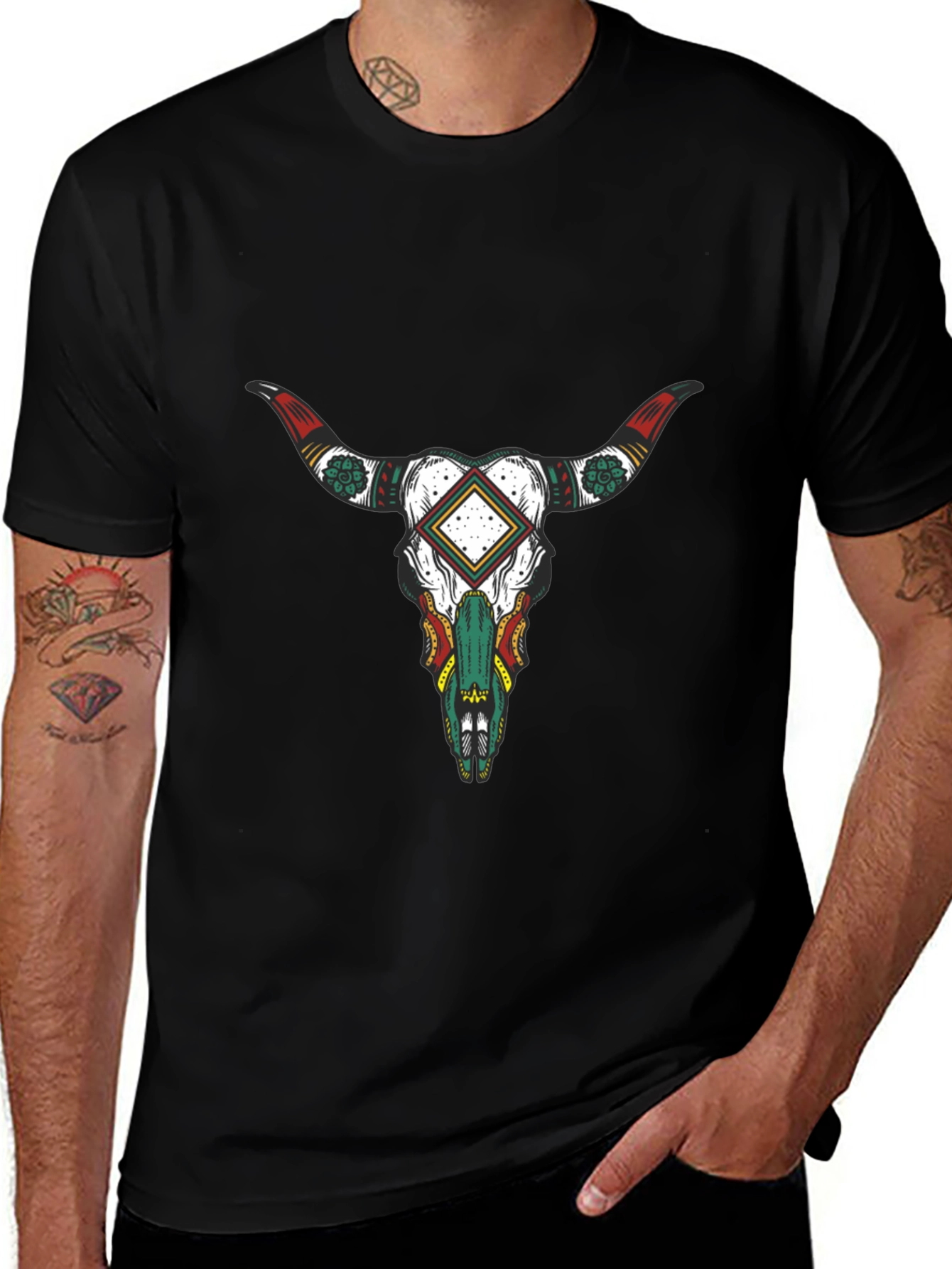 Black T-Shirt with Bull Skull Graphic