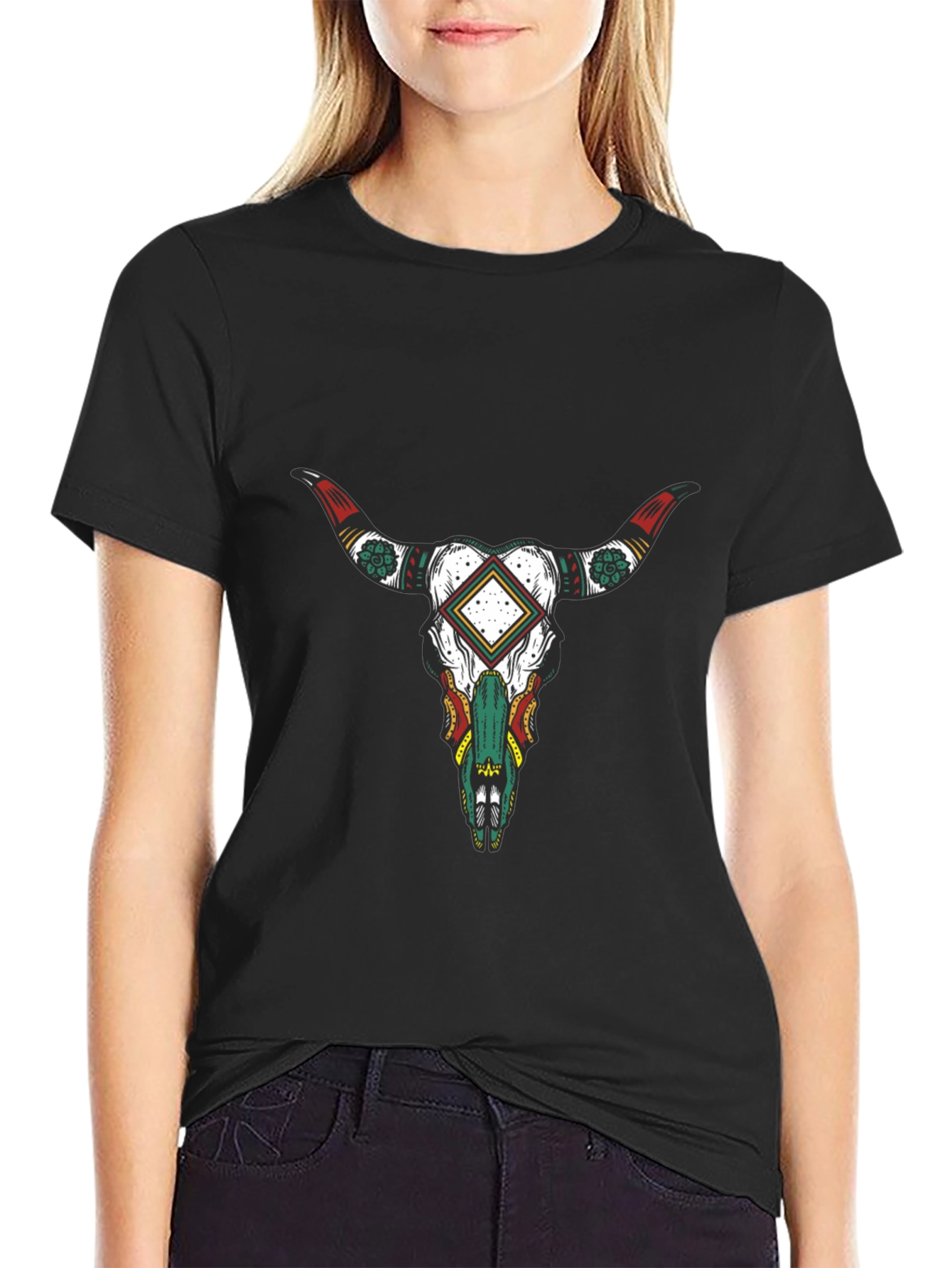 Black T-Shirt with Bull Skull Graphic