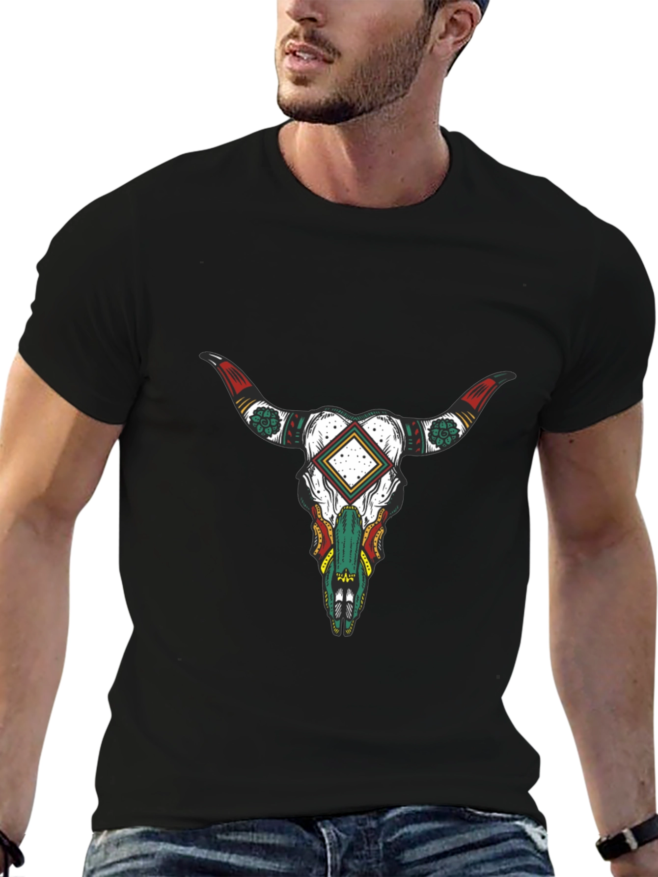 Black T-Shirt with Bull Skull Graphic