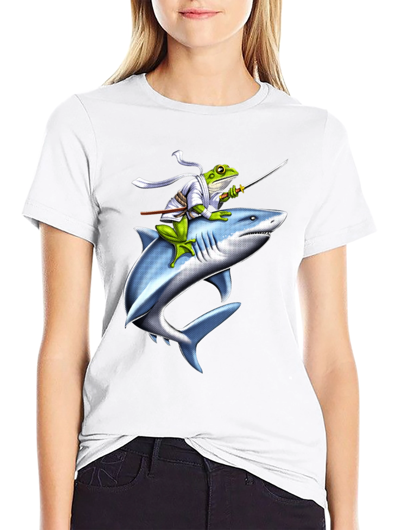 Ninja Frog Riding Shark Graphic T-Shirt
