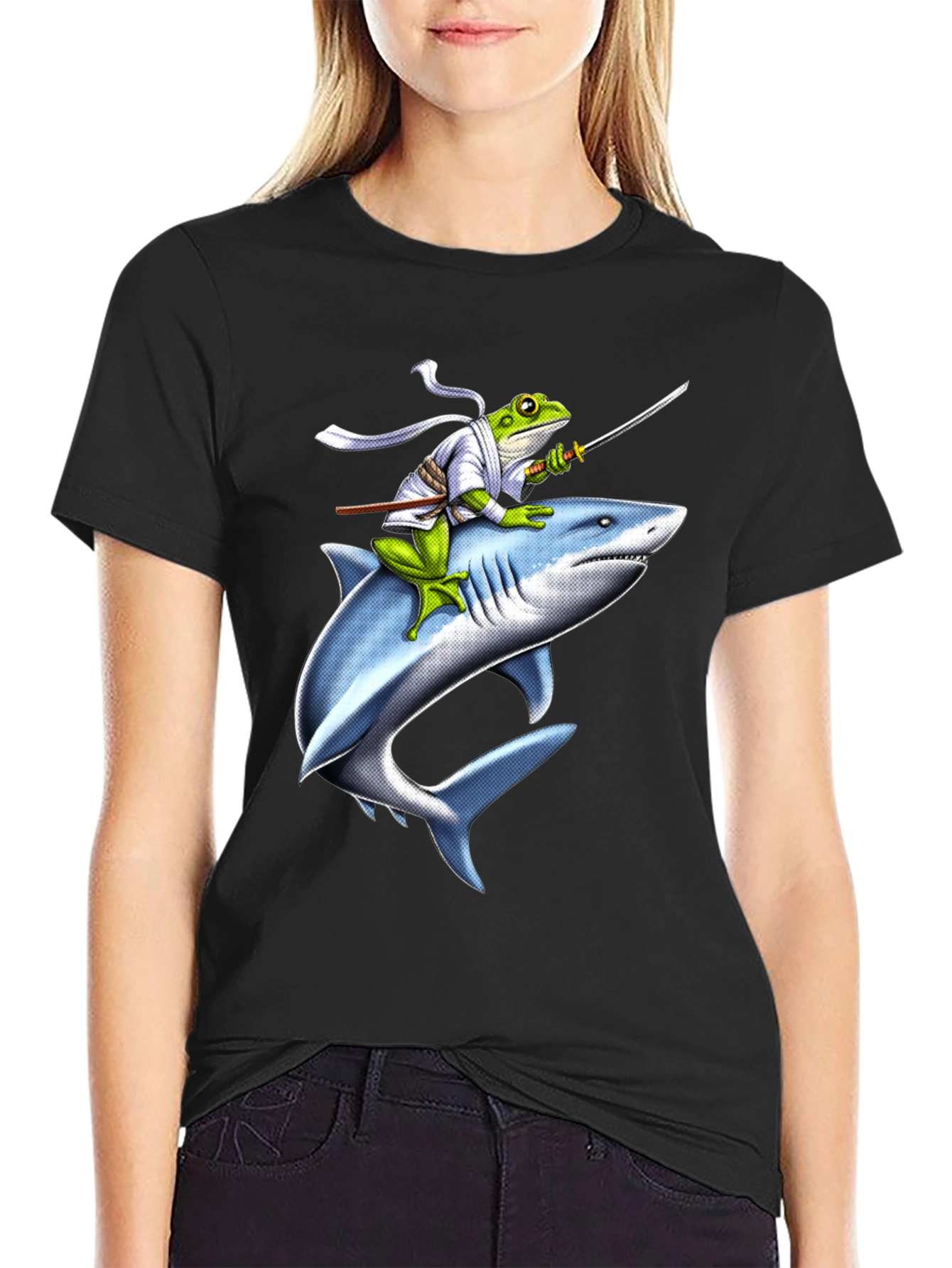 Ninja Frog Riding Shark Graphic T-Shirt