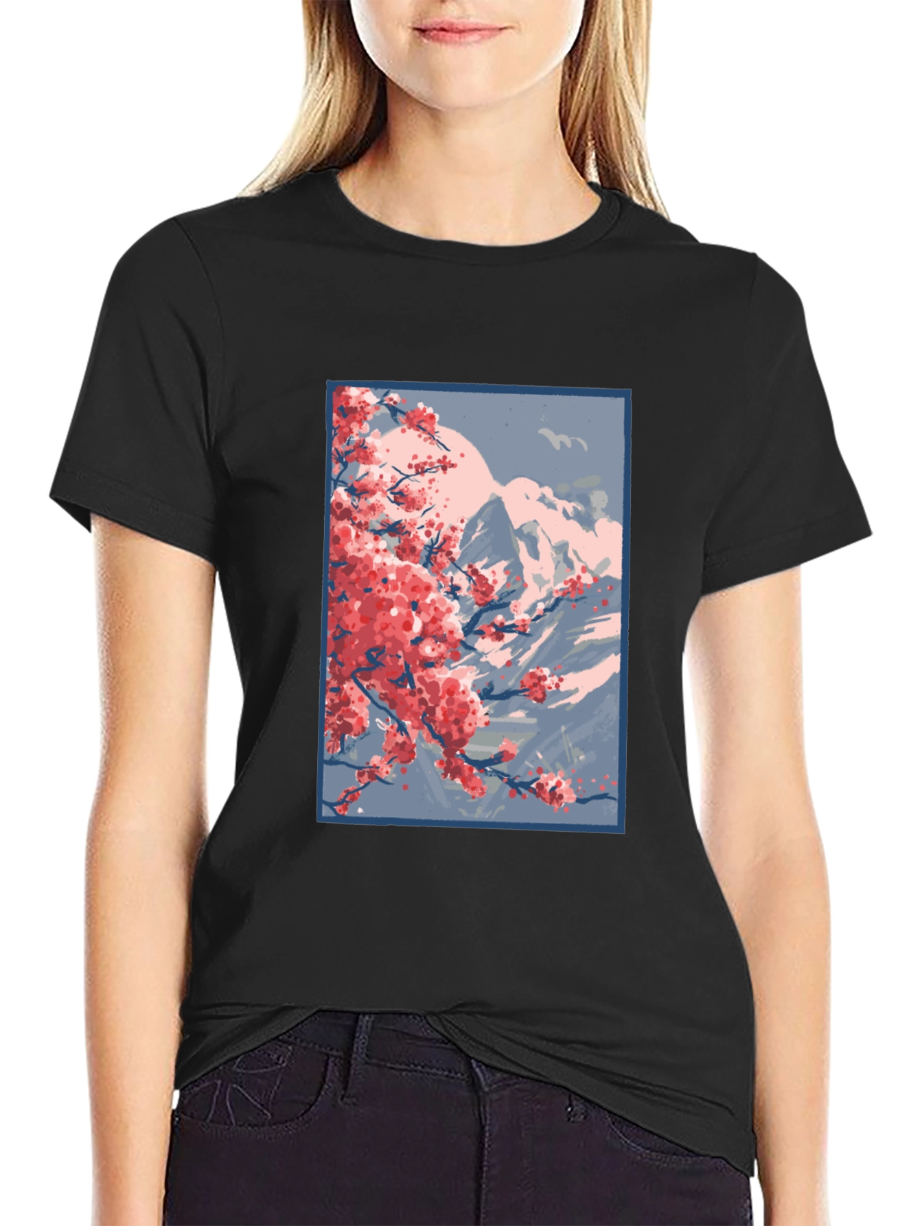 Cherry Blossom Mountain Graphic Tee - Black