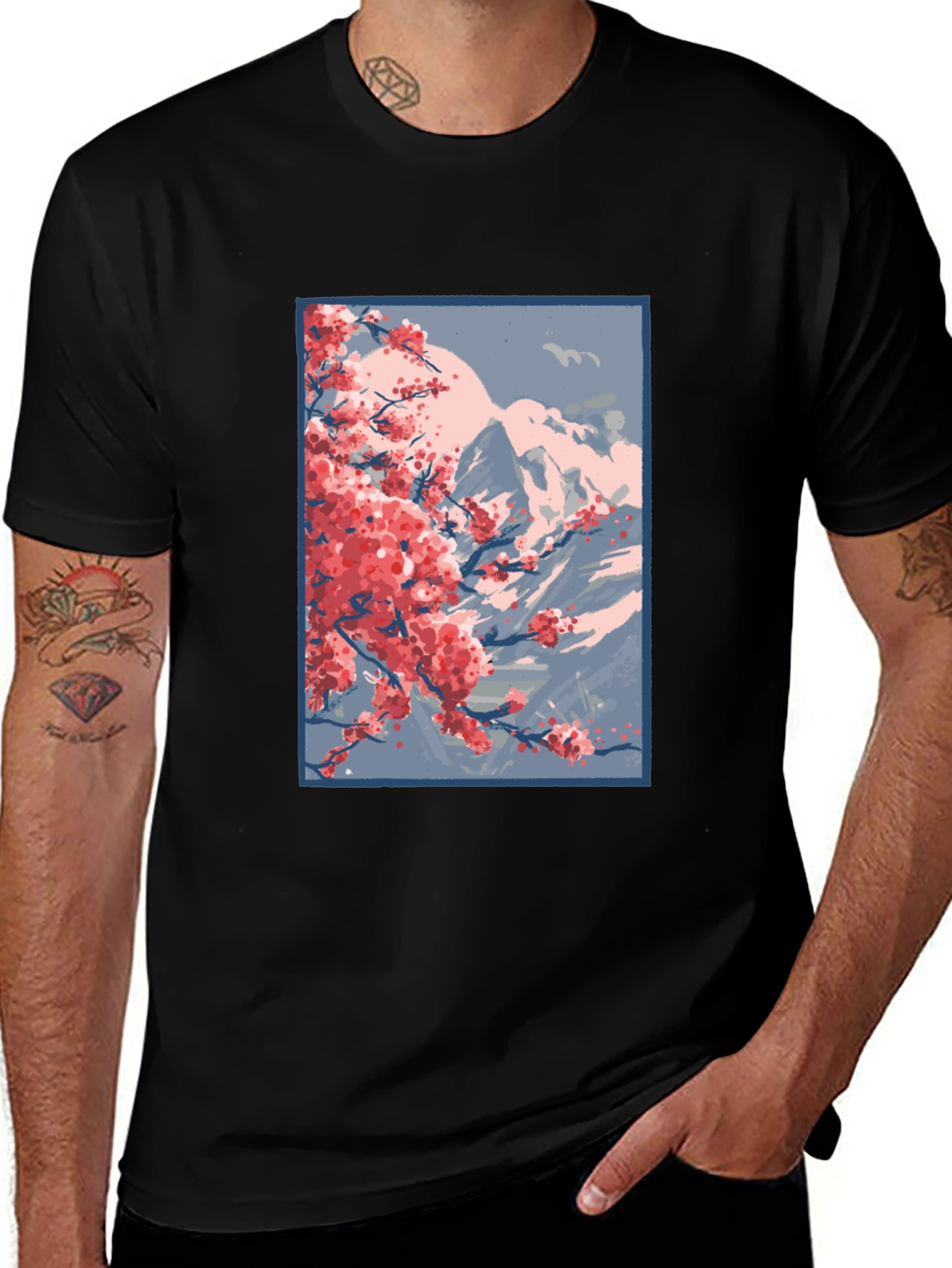 Cherry Blossom Mountain Graphic Tee - Black