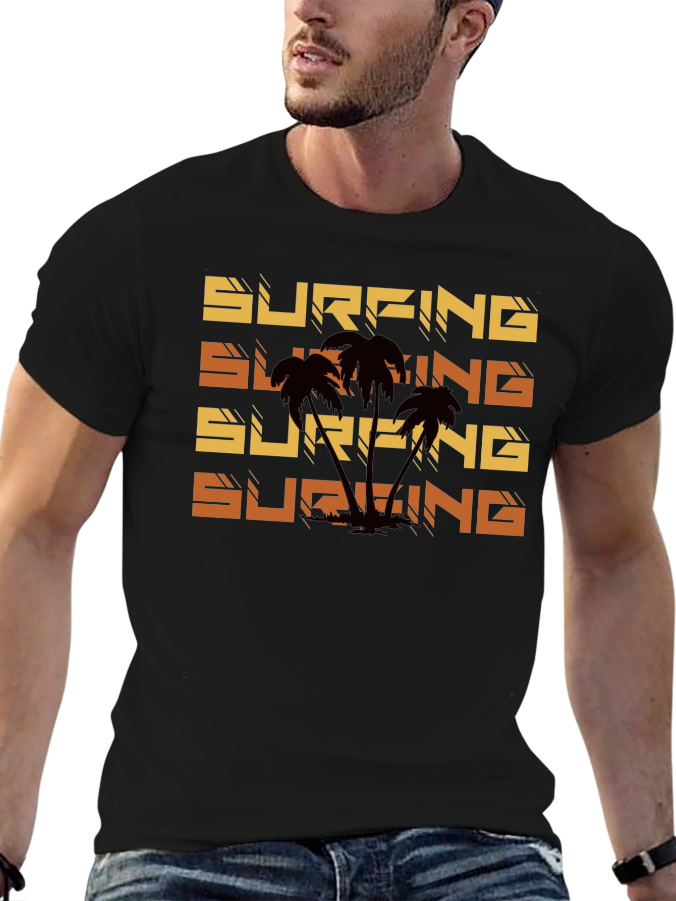 Surfing Palm Tree Graphic Tee - Black
