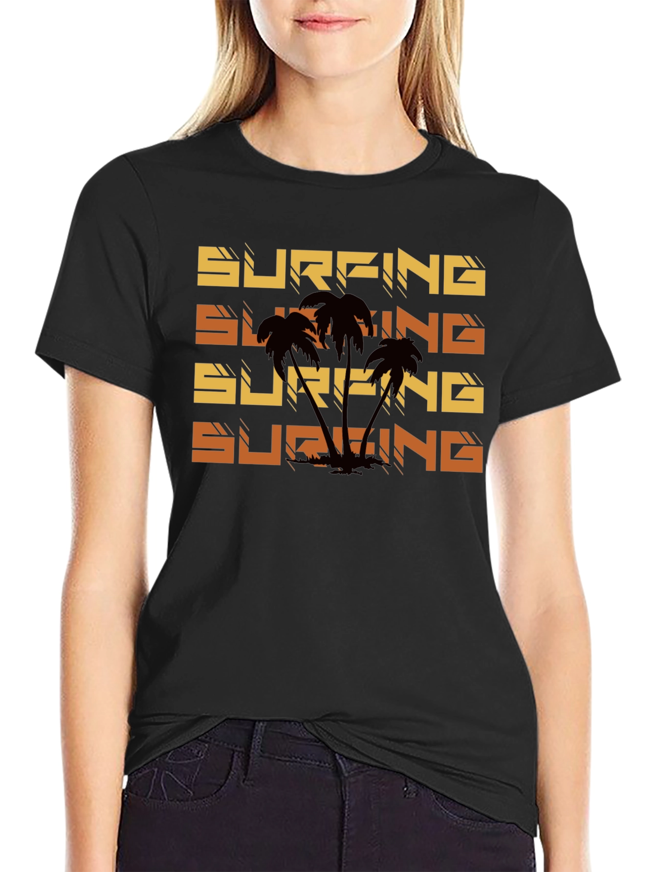 Surfing Palm Tree Graphic Tee - Black