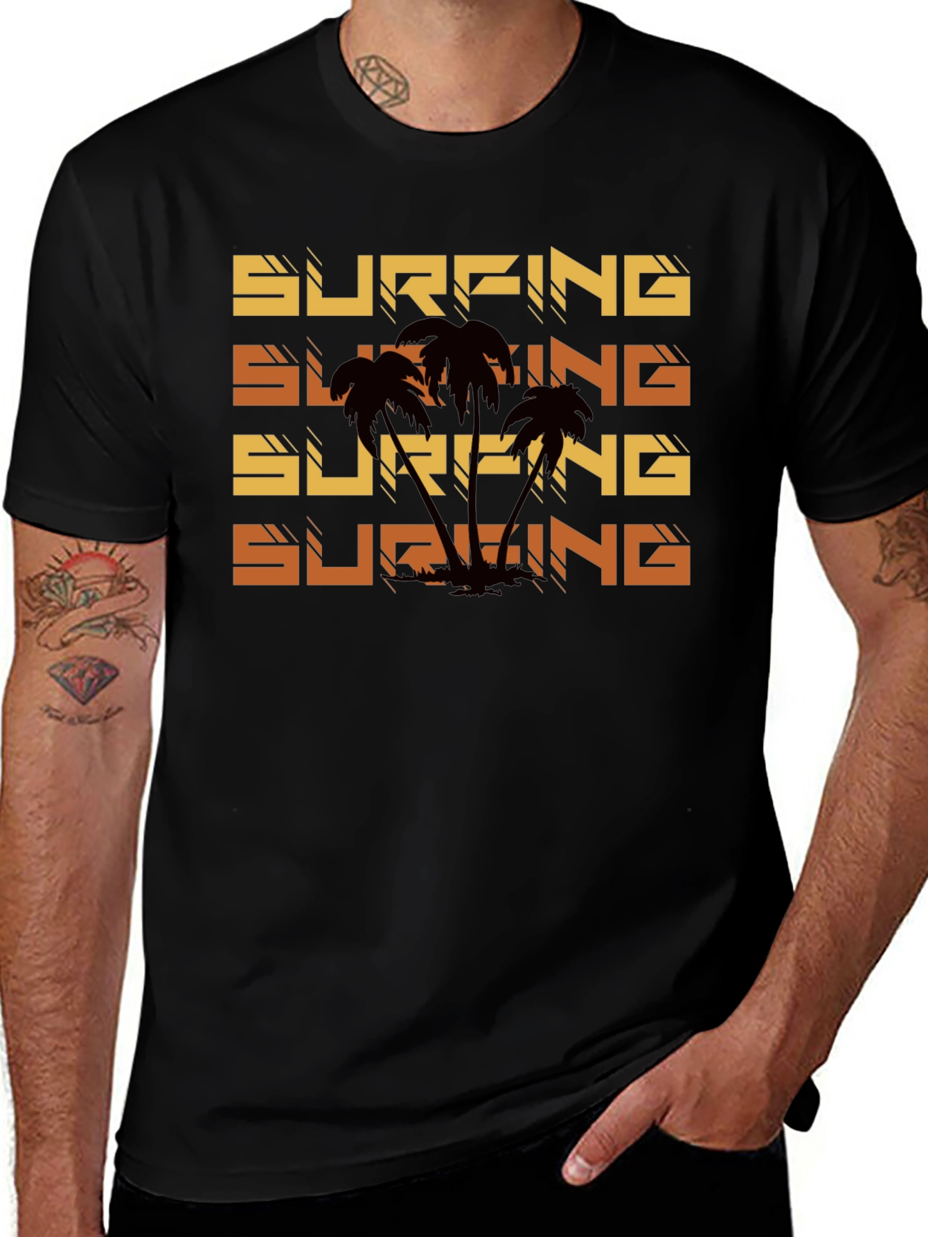 Surfing Palm Tree Graphic Tee - Black