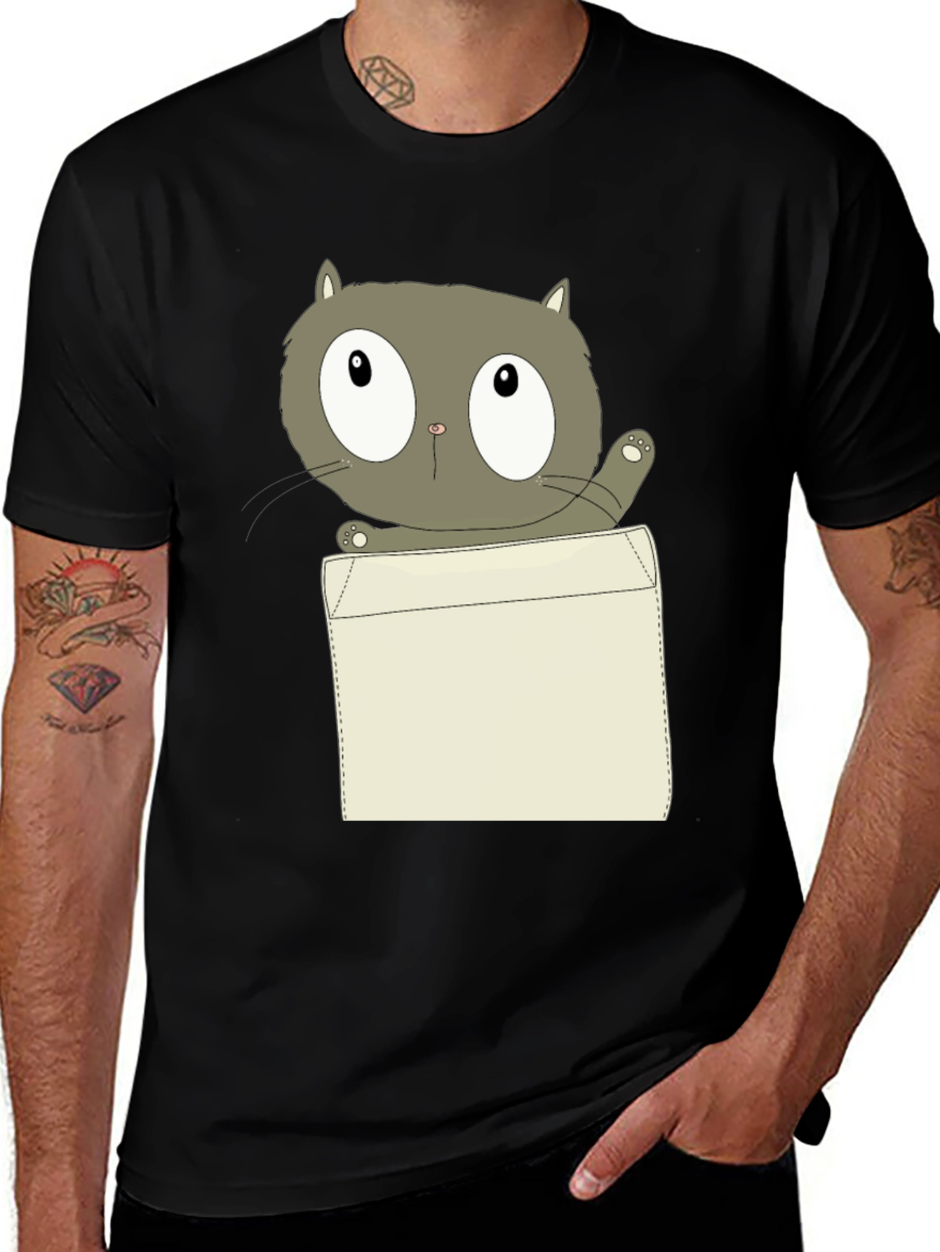 Cartoon Cat Pocket Print Black T-Shirt