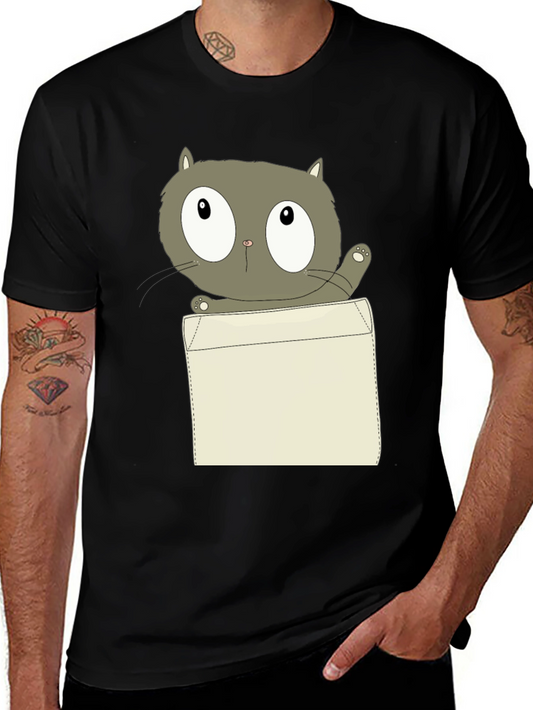 Cartoon Cat Pocket Print Black T-Shirt