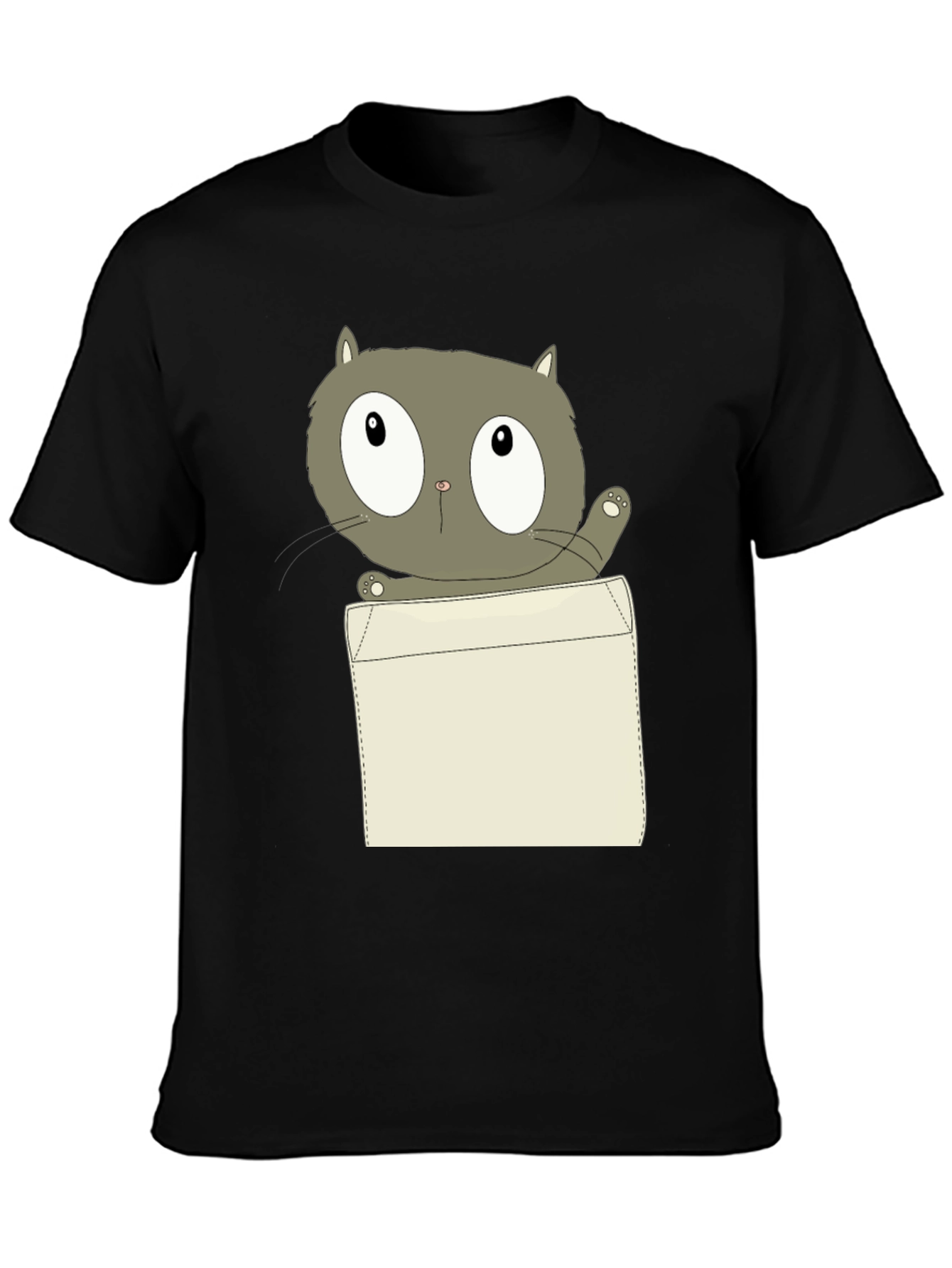 Cartoon Cat Pocket Print Black T-Shirt