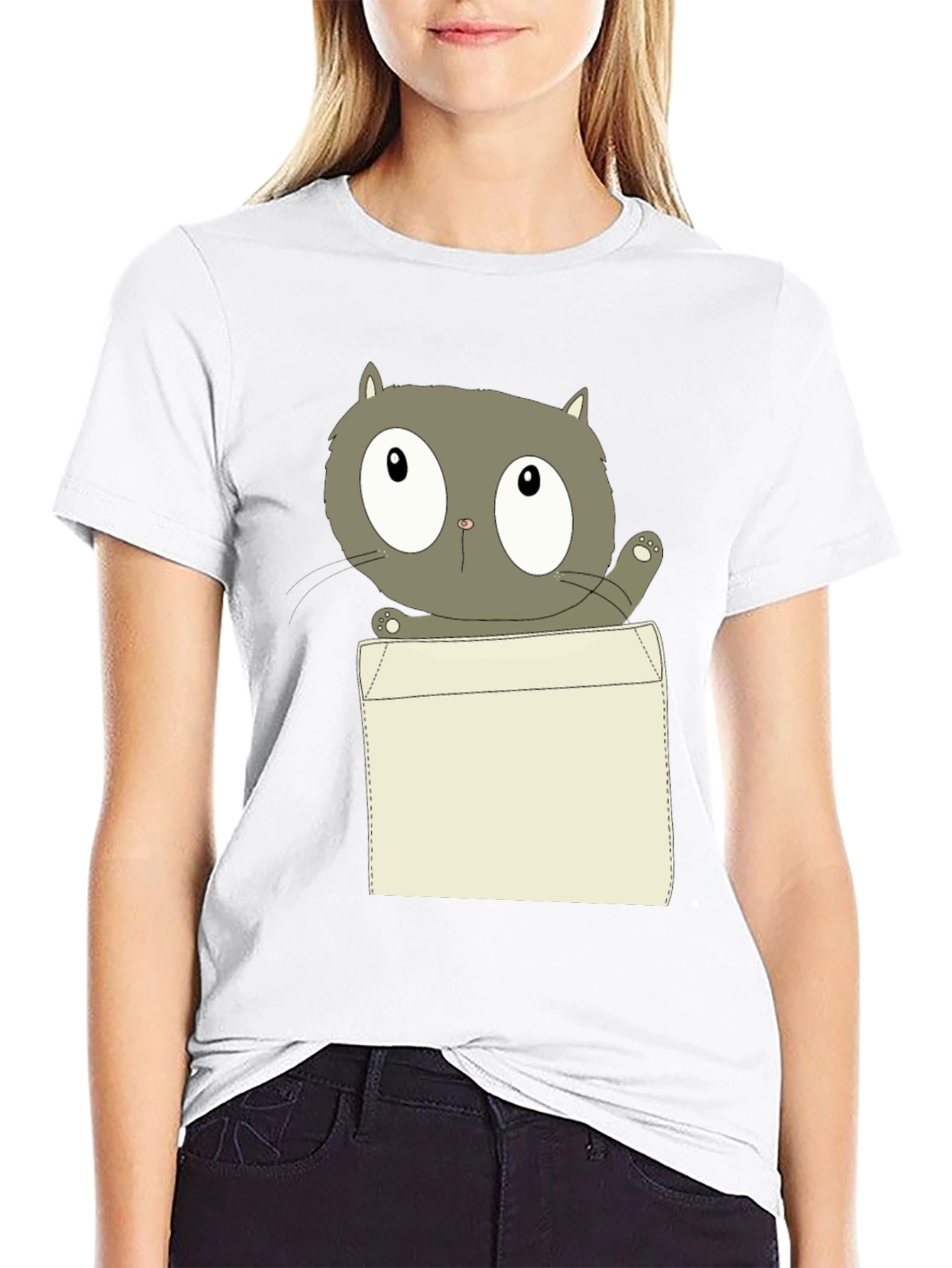 Cartoon Cat Pocket Print Black T-Shirt