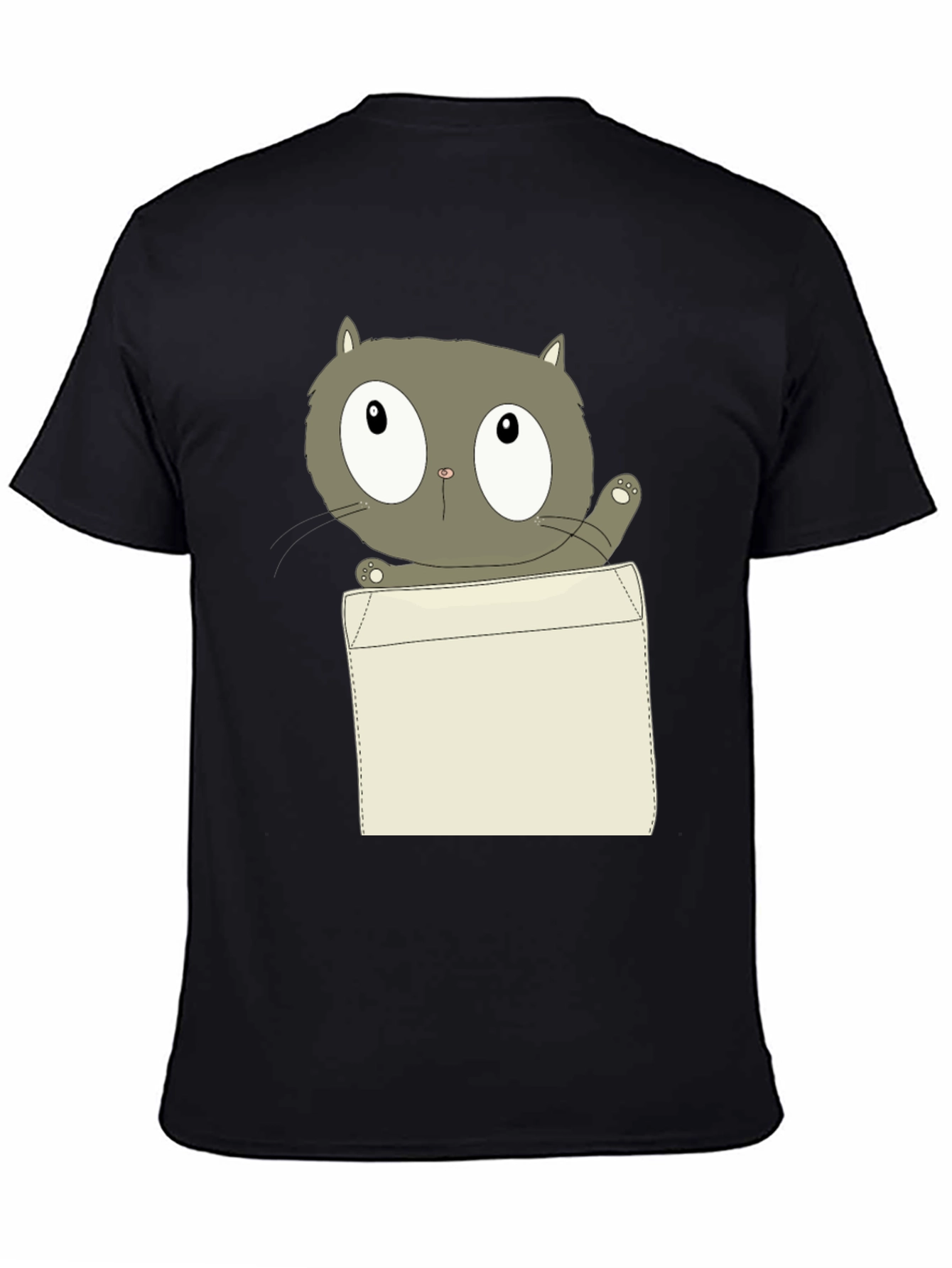 Cartoon Cat Pocket Print Black T-Shirt