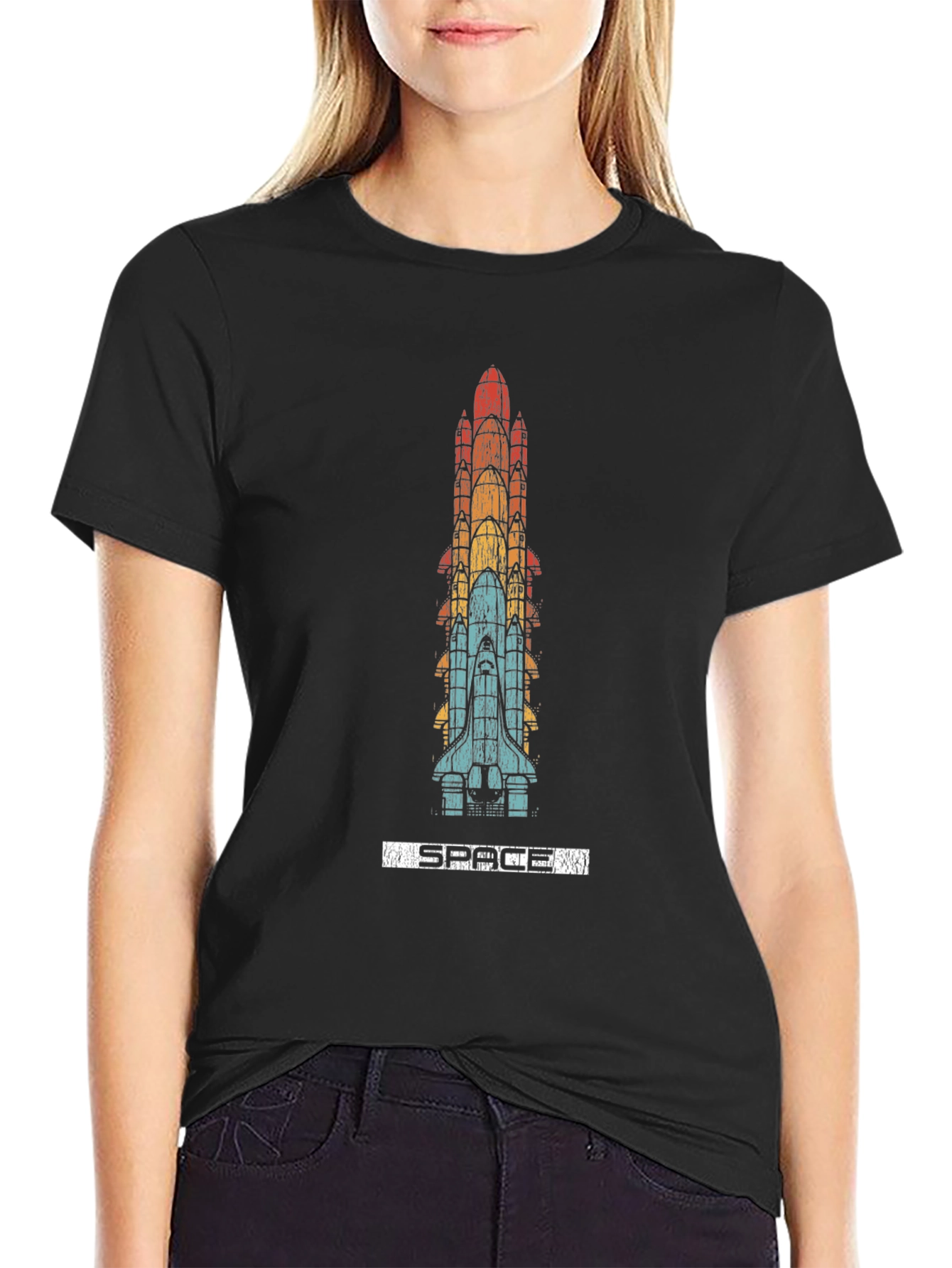 Retro Space Shuttle Stack Black T-Shirt
