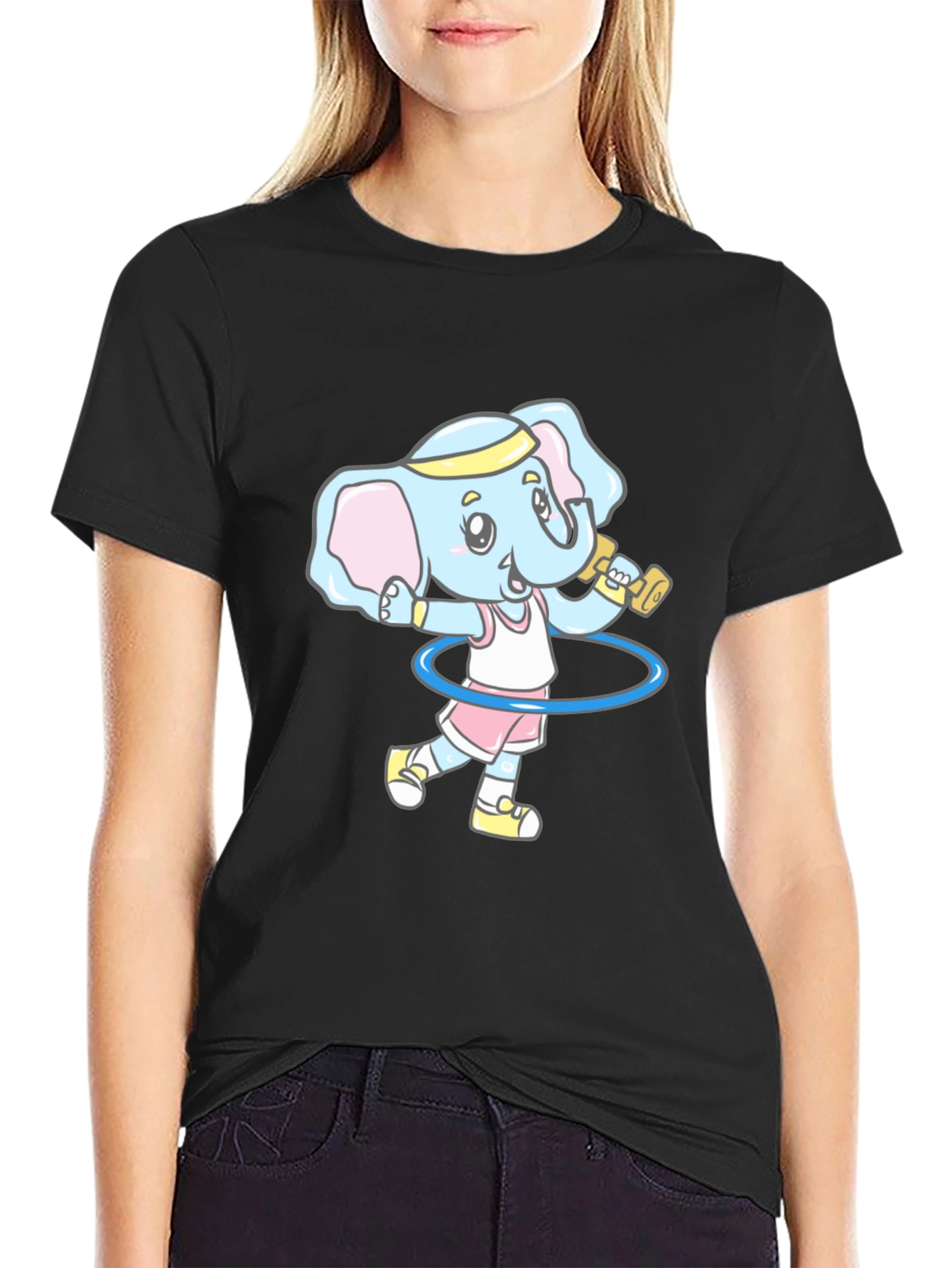 Elephant Gym Cartoon Black T-Shirt