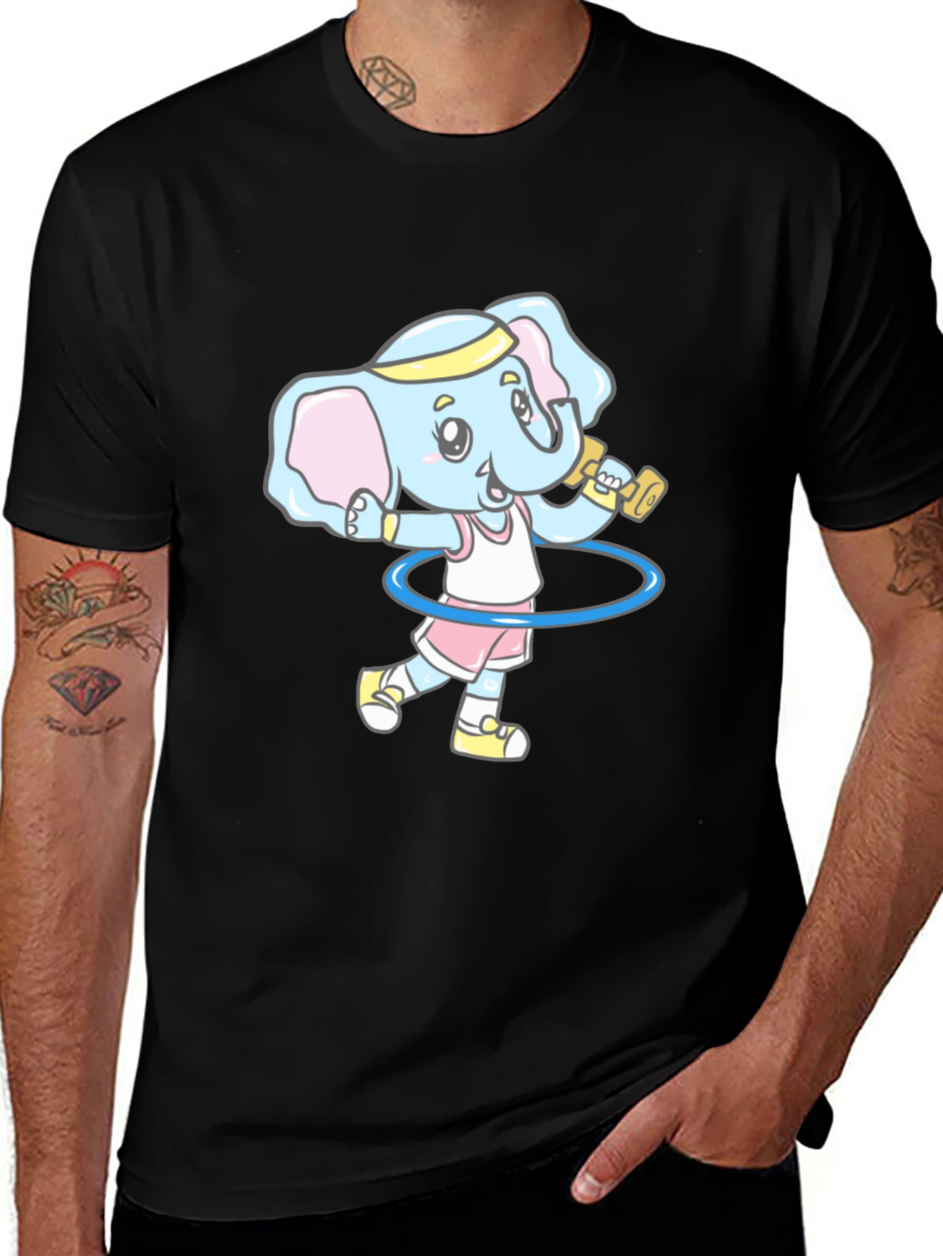 Elephant Gym Cartoon Black T-Shirt