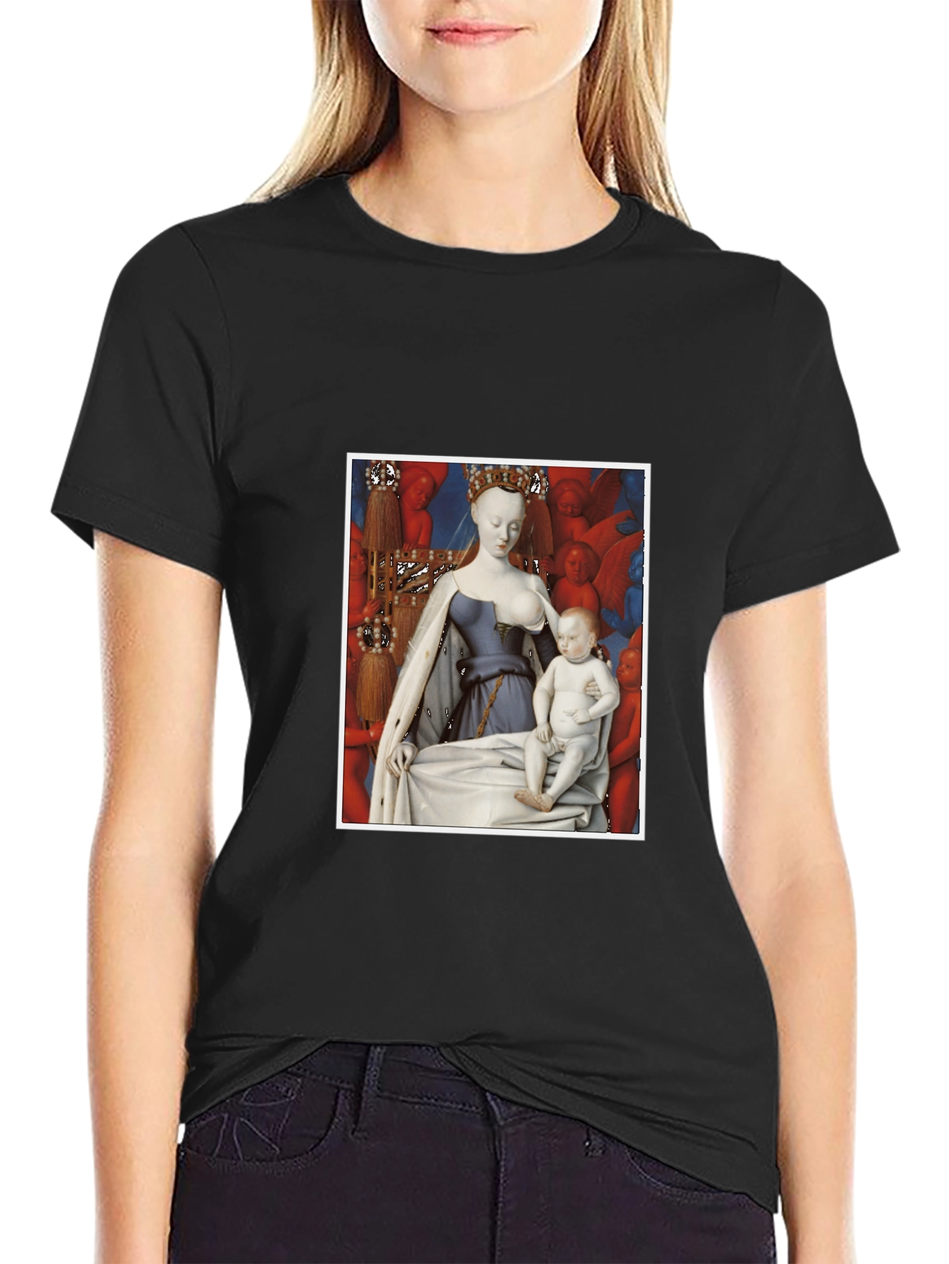 Artistic Graphic Tee: Madonna and Child Renaissance Style