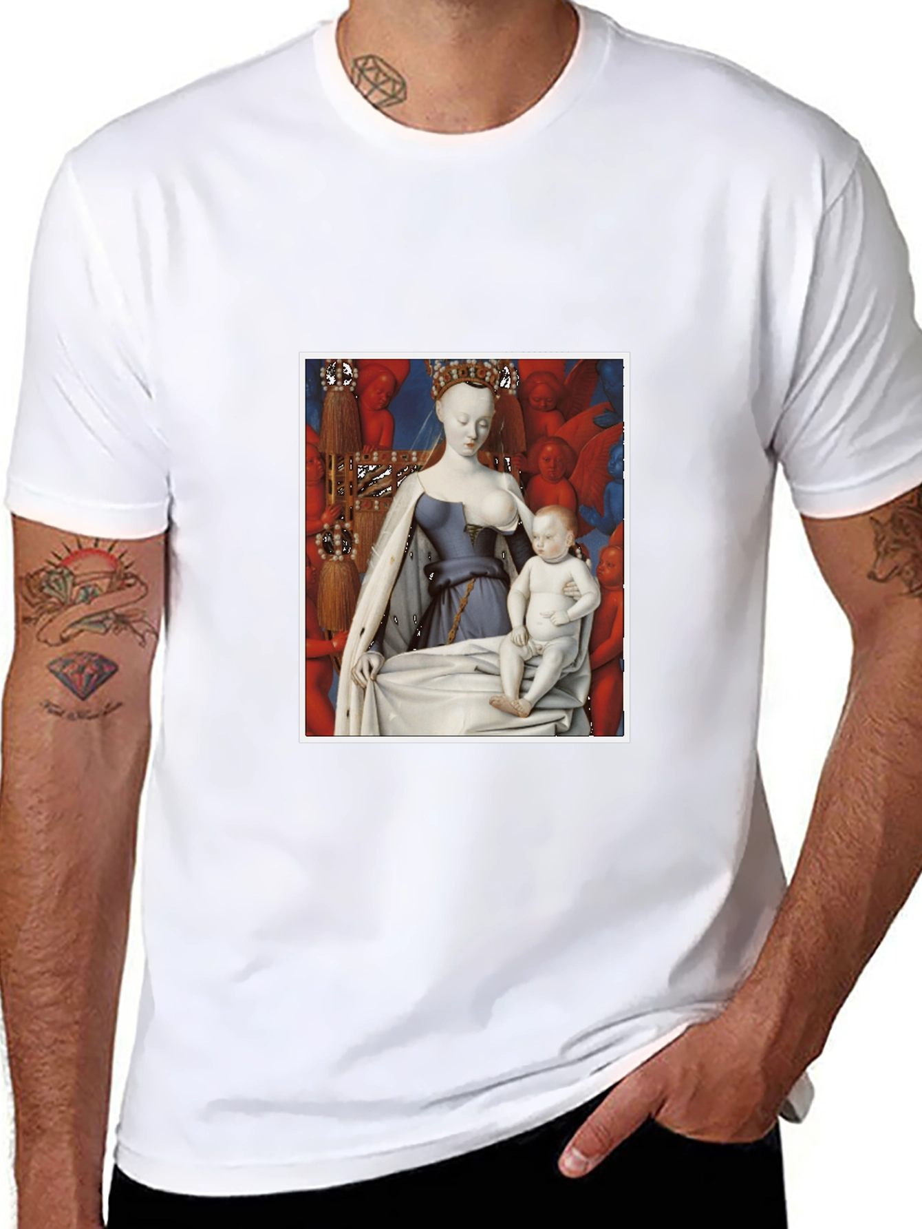 Artistic Graphic Tee: Madonna and Child Renaissance Style