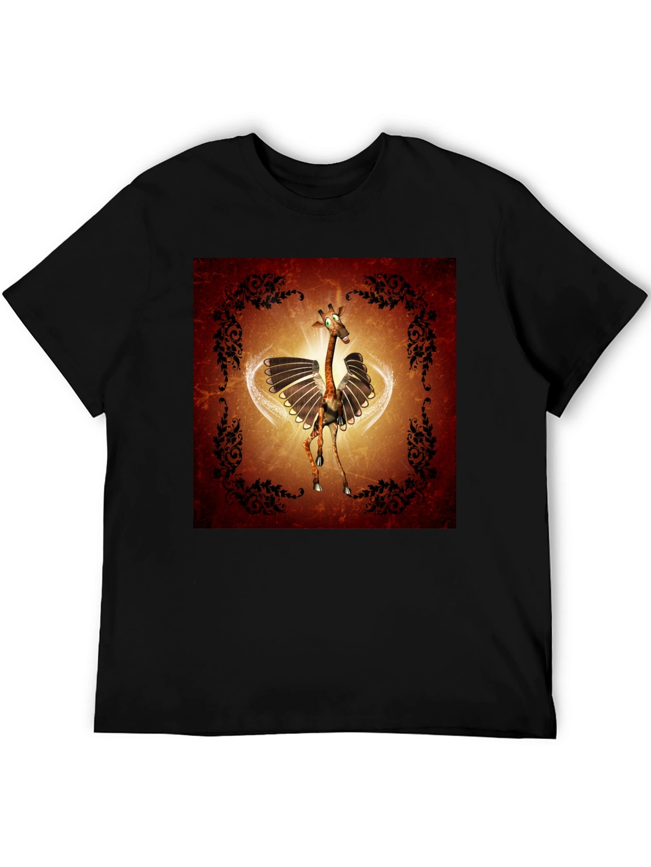 Whimsical Flying Giraffe Graphic Tee - Mens Black T-Shirt