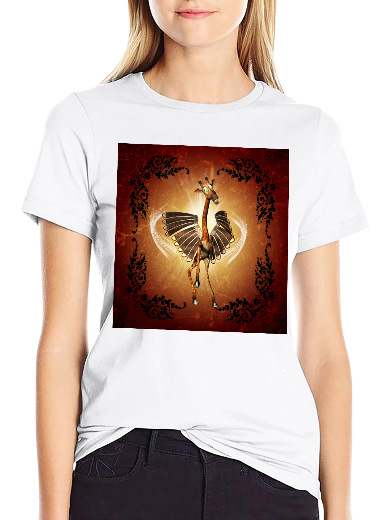 Whimsical Flying Giraffe Graphic Tee - Mens Black T-Shirt