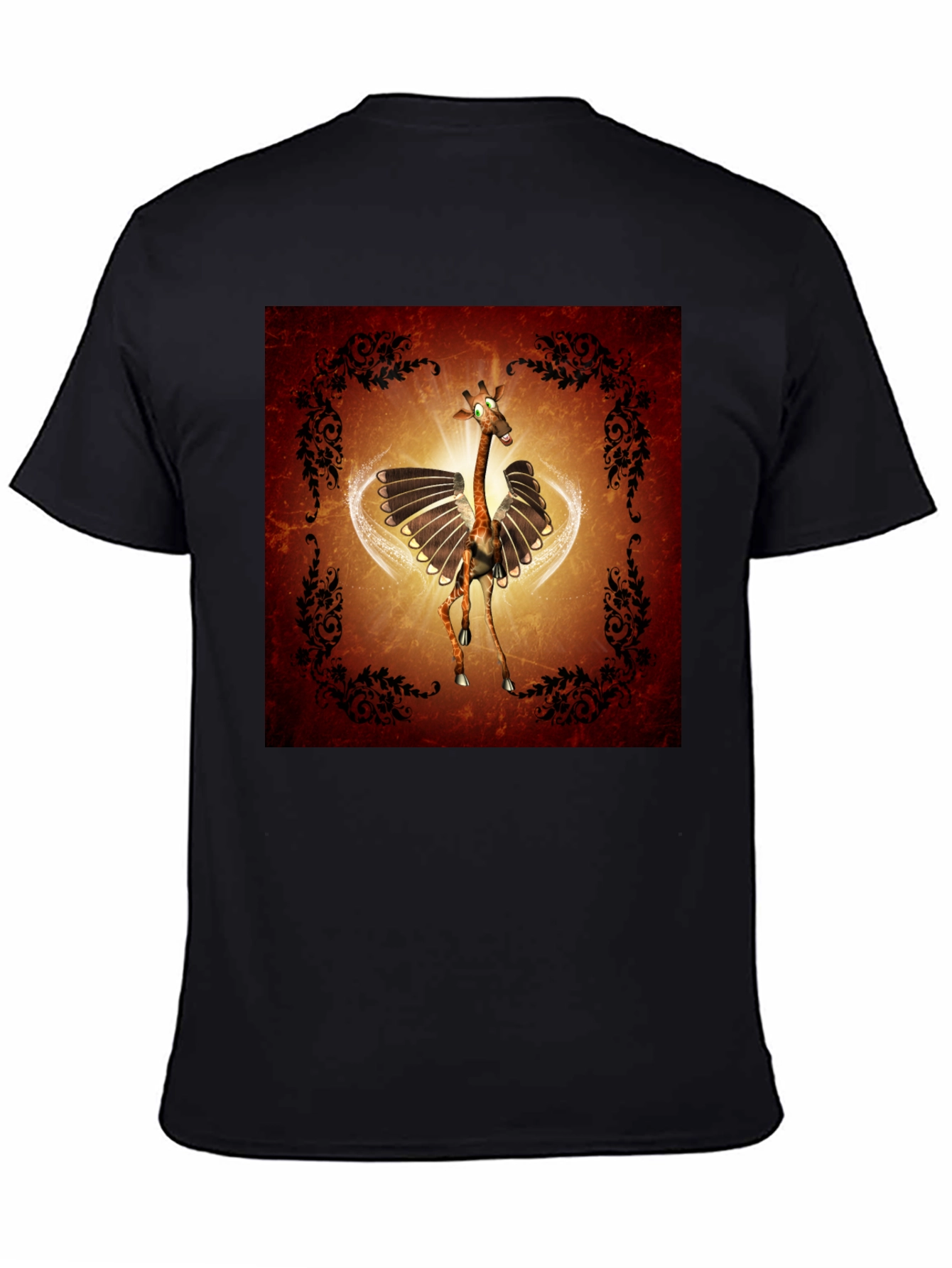 Whimsical Flying Giraffe Graphic Tee - Mens Black T-Shirt
