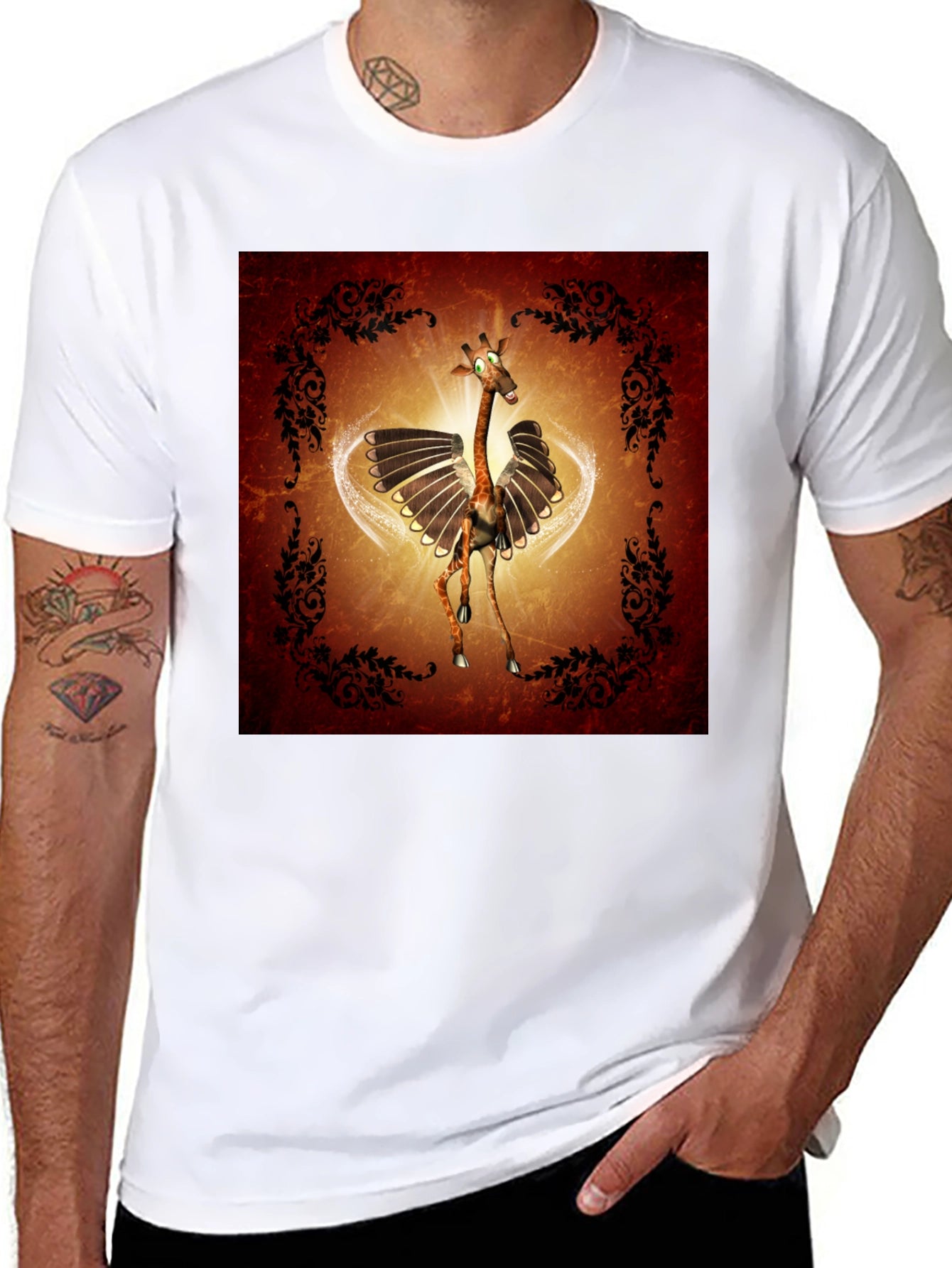 Whimsical Flying Giraffe Graphic Tee - Mens Black T-Shirt