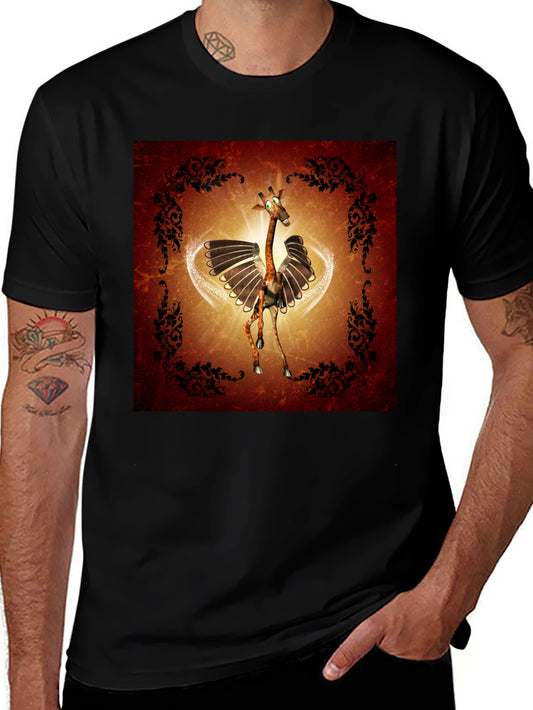 Whimsical Flying Giraffe Graphic Tee - Mens Black T-Shirt