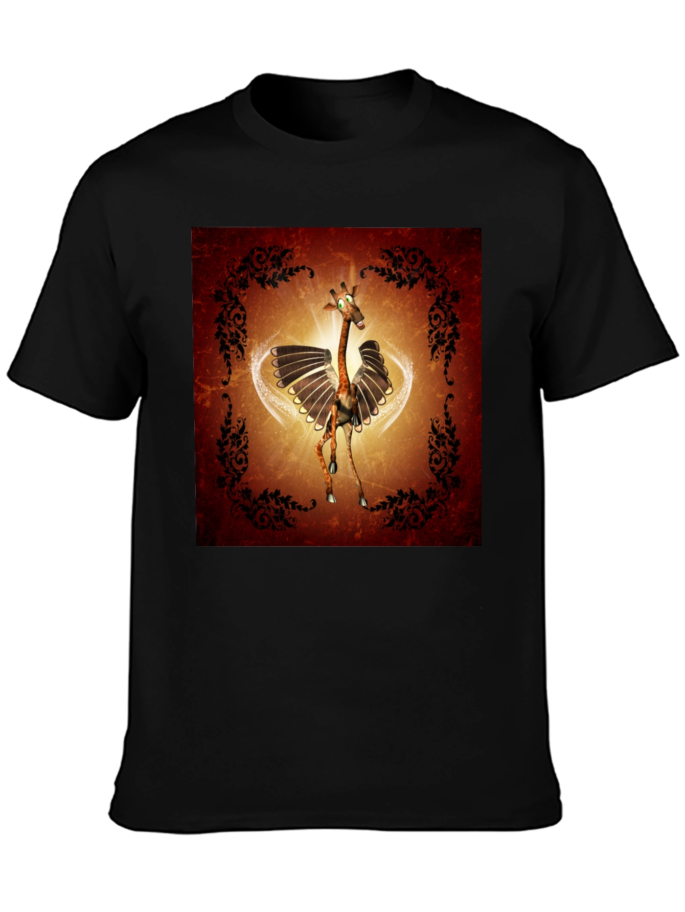 Whimsical Flying Giraffe Graphic Tee - Mens Black T-Shirt