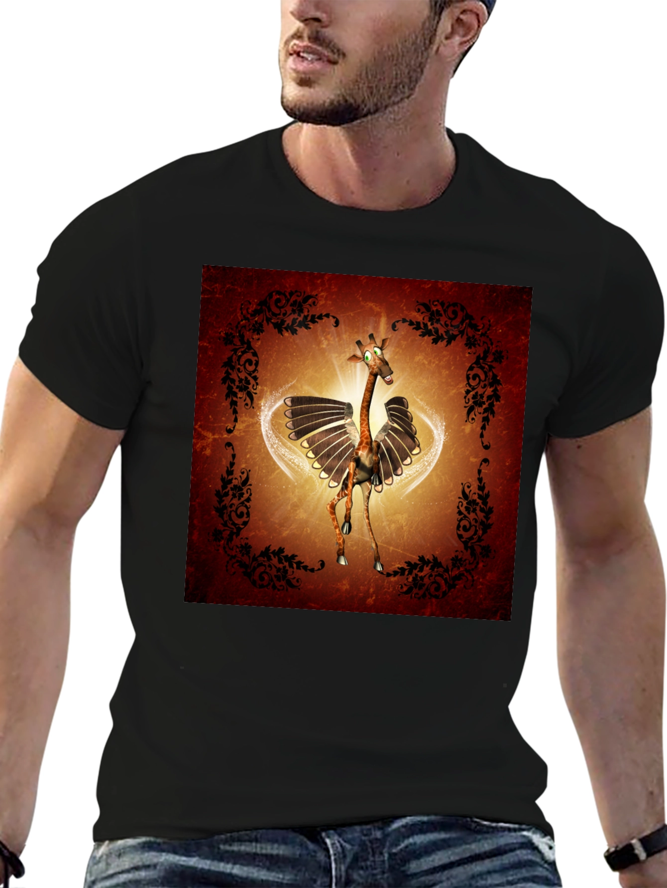 Whimsical Flying Giraffe Graphic Tee - Mens Black T-Shirt