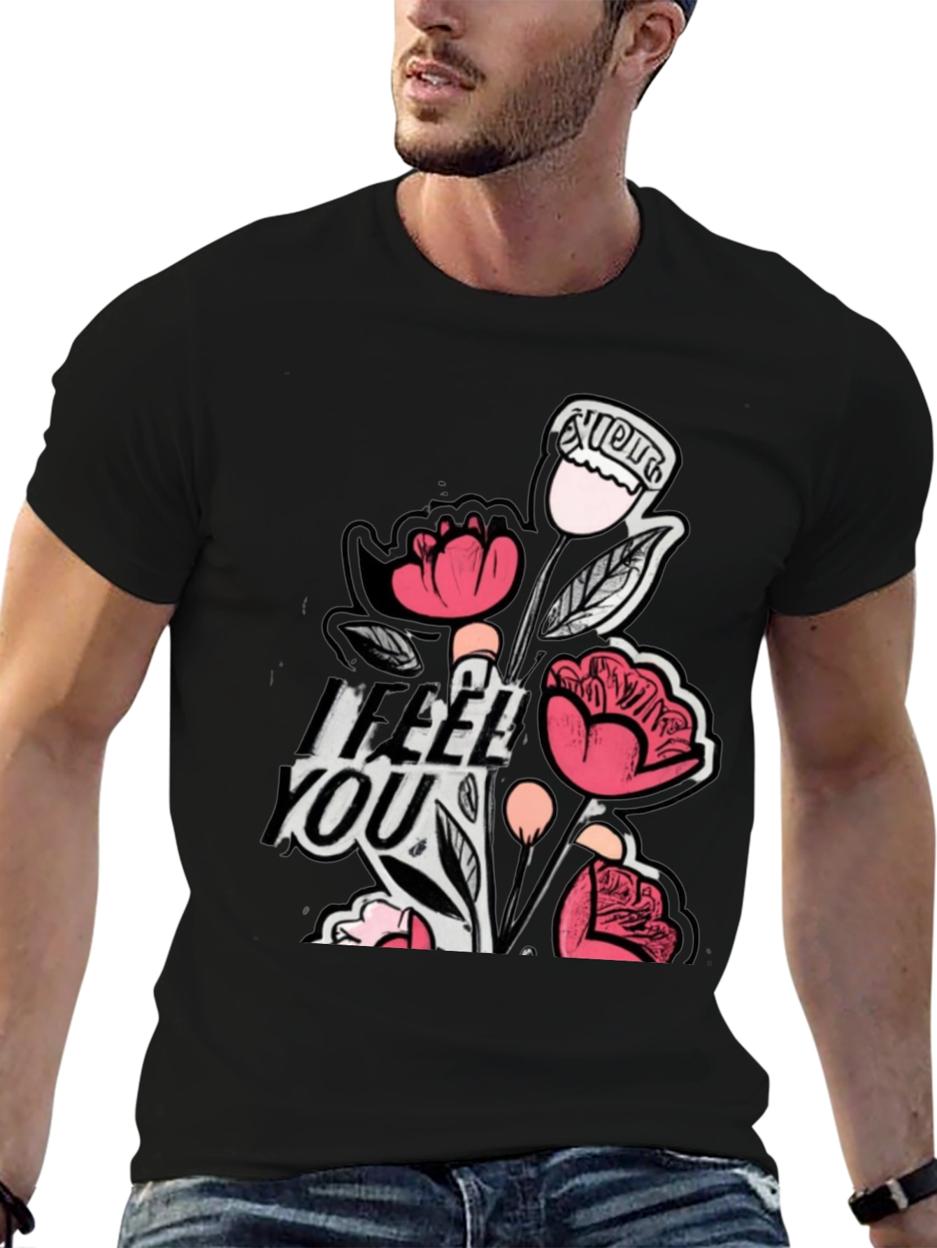 Floral I Feel You Black Graphic T-Shirt