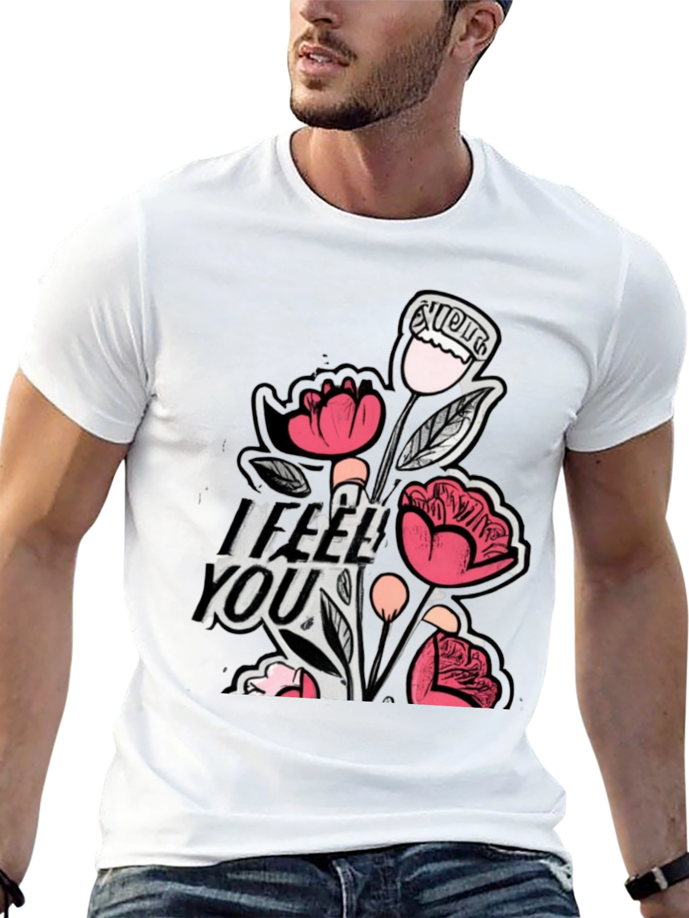 Floral I Feel You Black Graphic T-Shirt