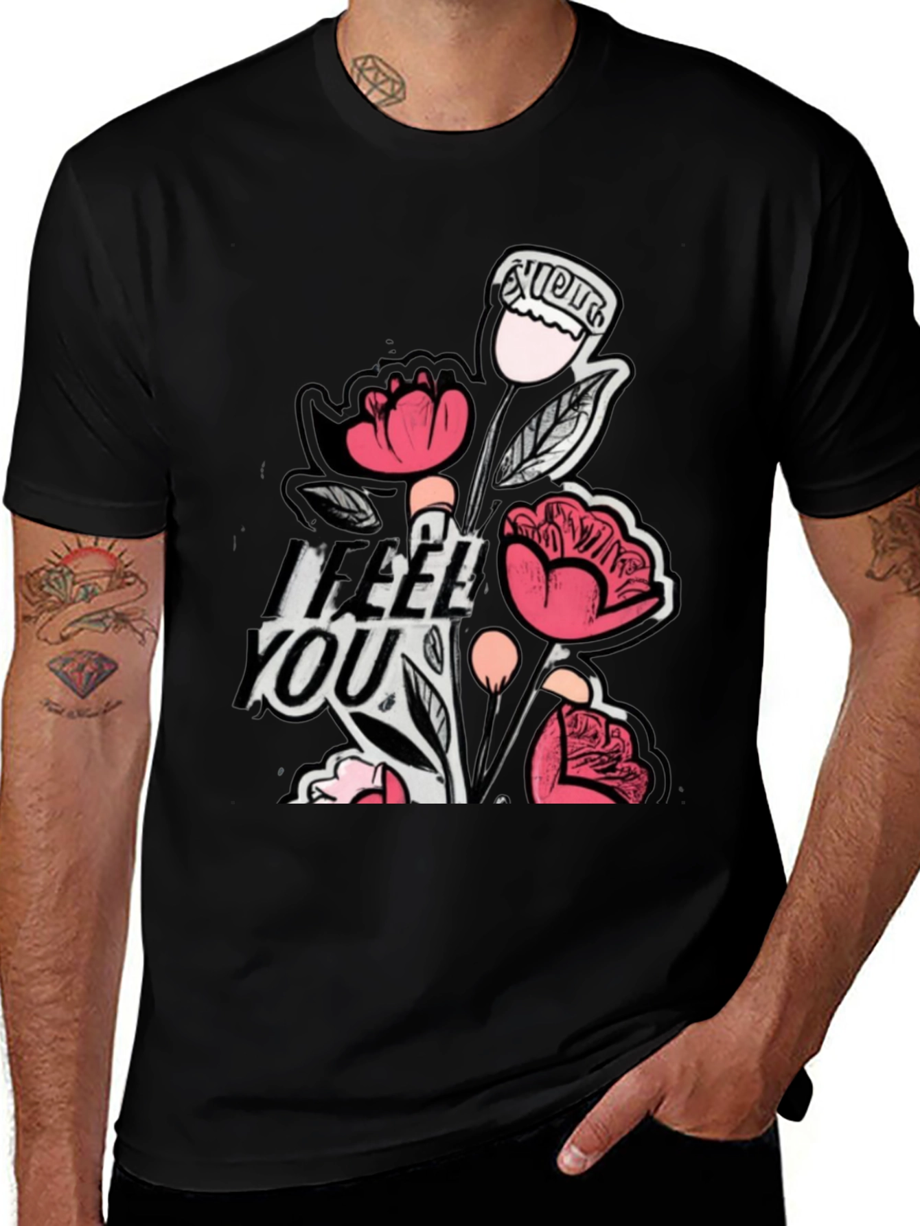 Floral I Feel You Black Graphic T-Shirt