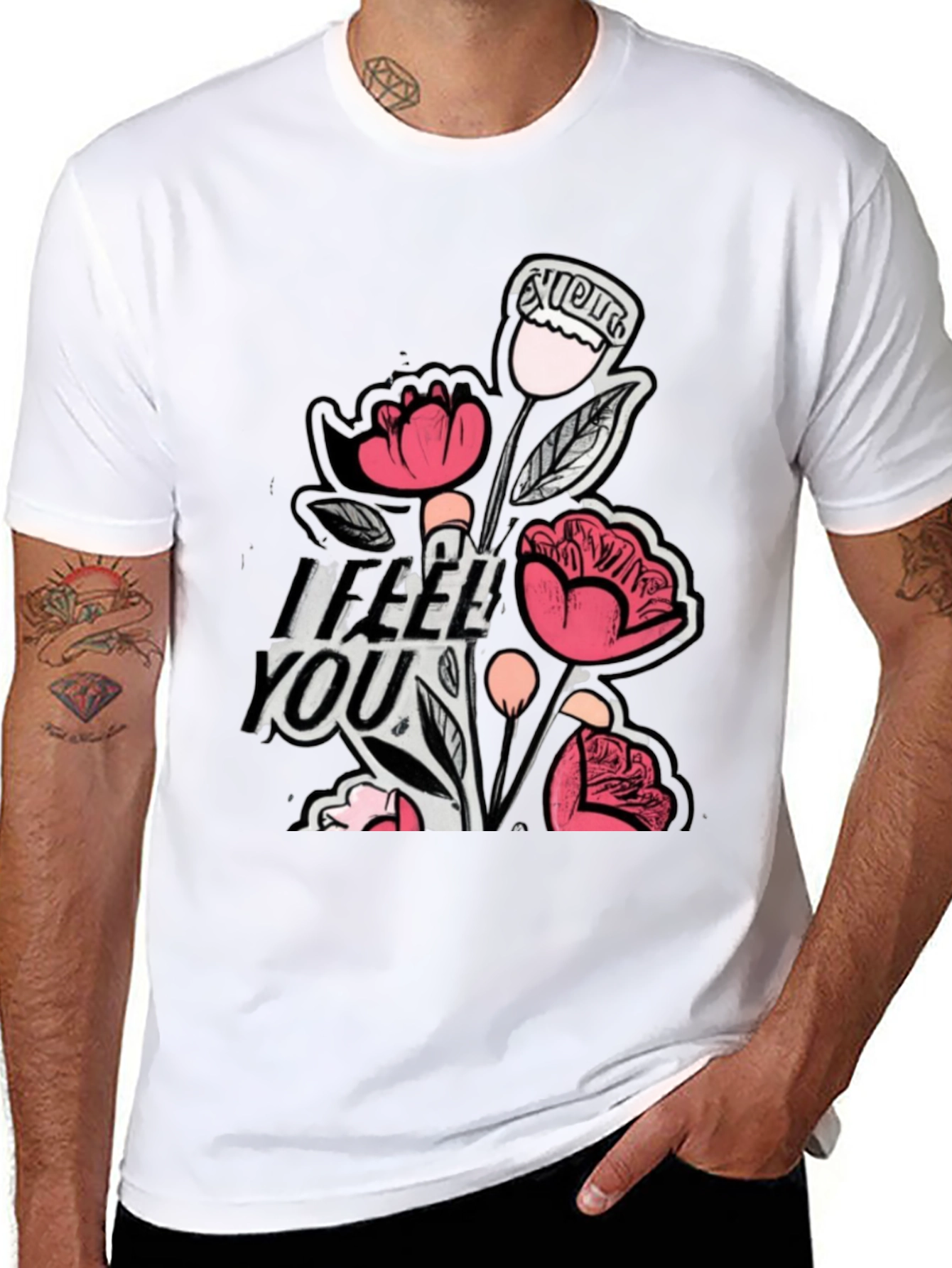 Floral I Feel You Black Graphic T-Shirt