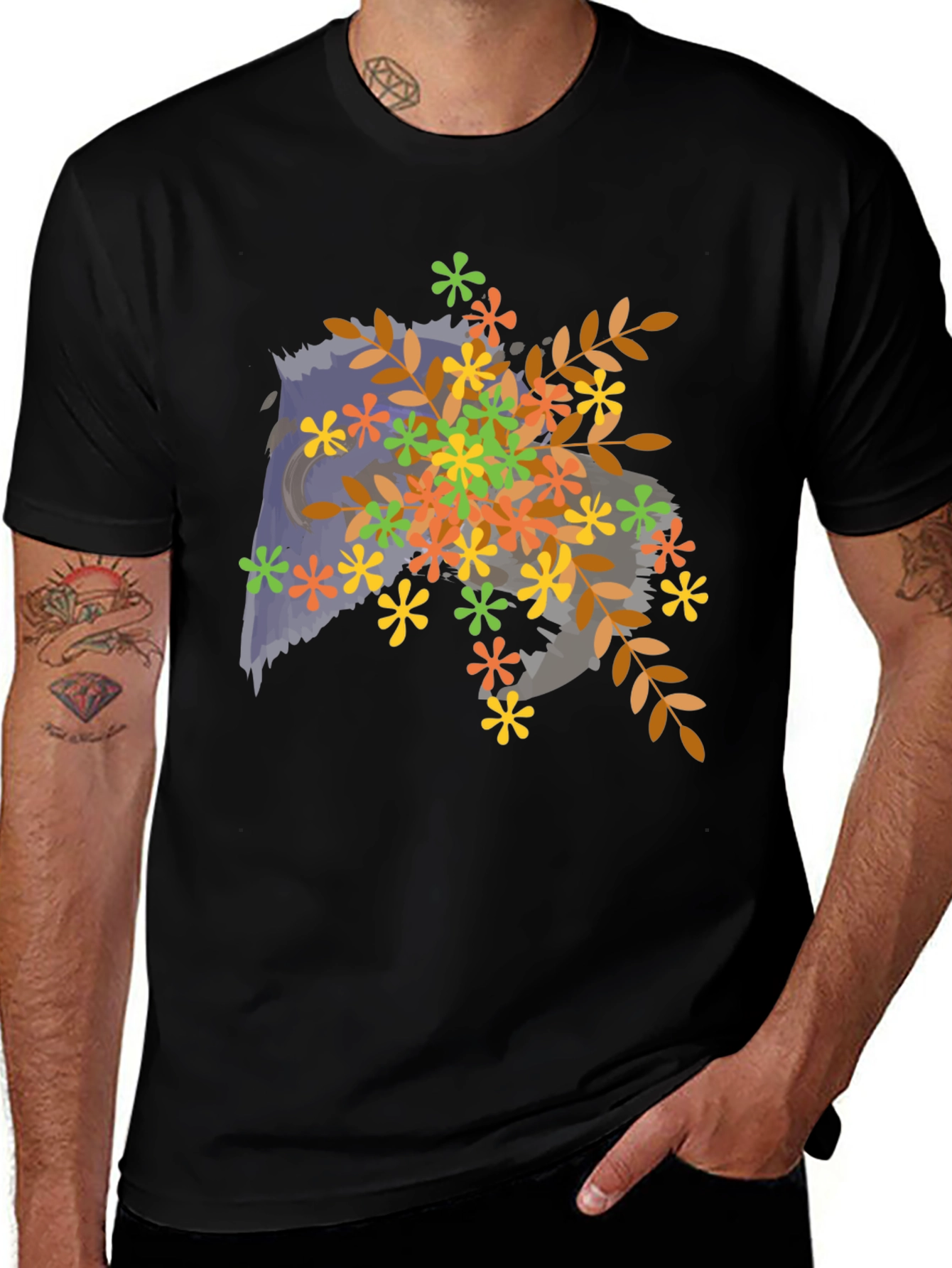 Floral Owl Graphic Tee - Mens Black T-Shirt