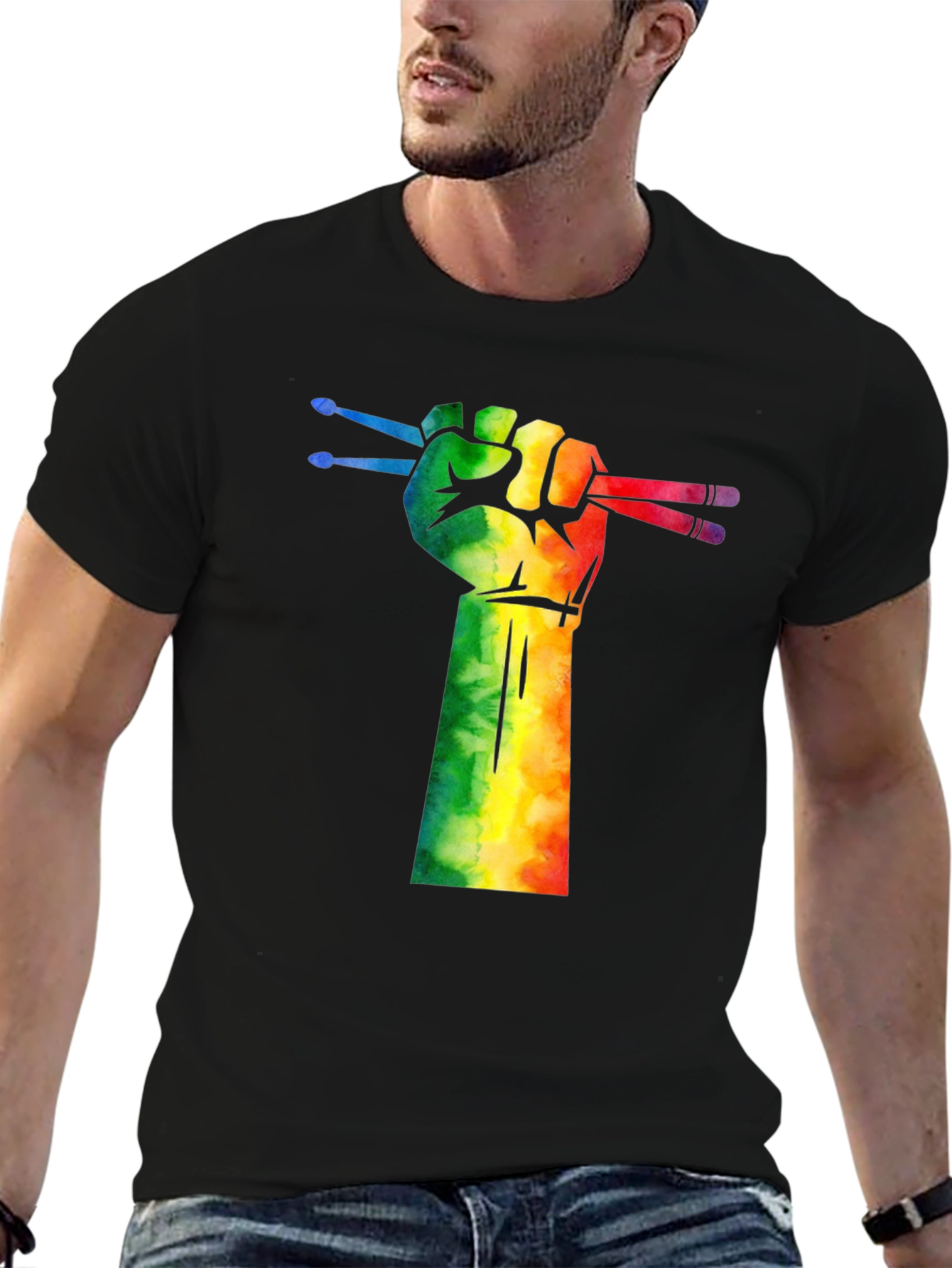 Drummer Pride T-Shirt: Rainbow Fist Drumsticks Graphic
