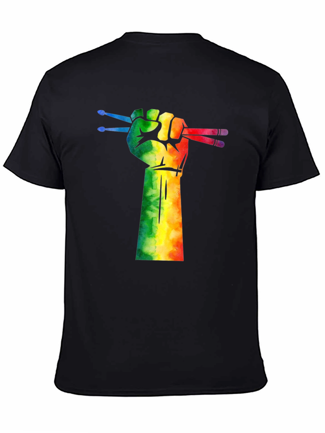 Drummer Pride T-Shirt: Rainbow Fist Drumsticks Graphic