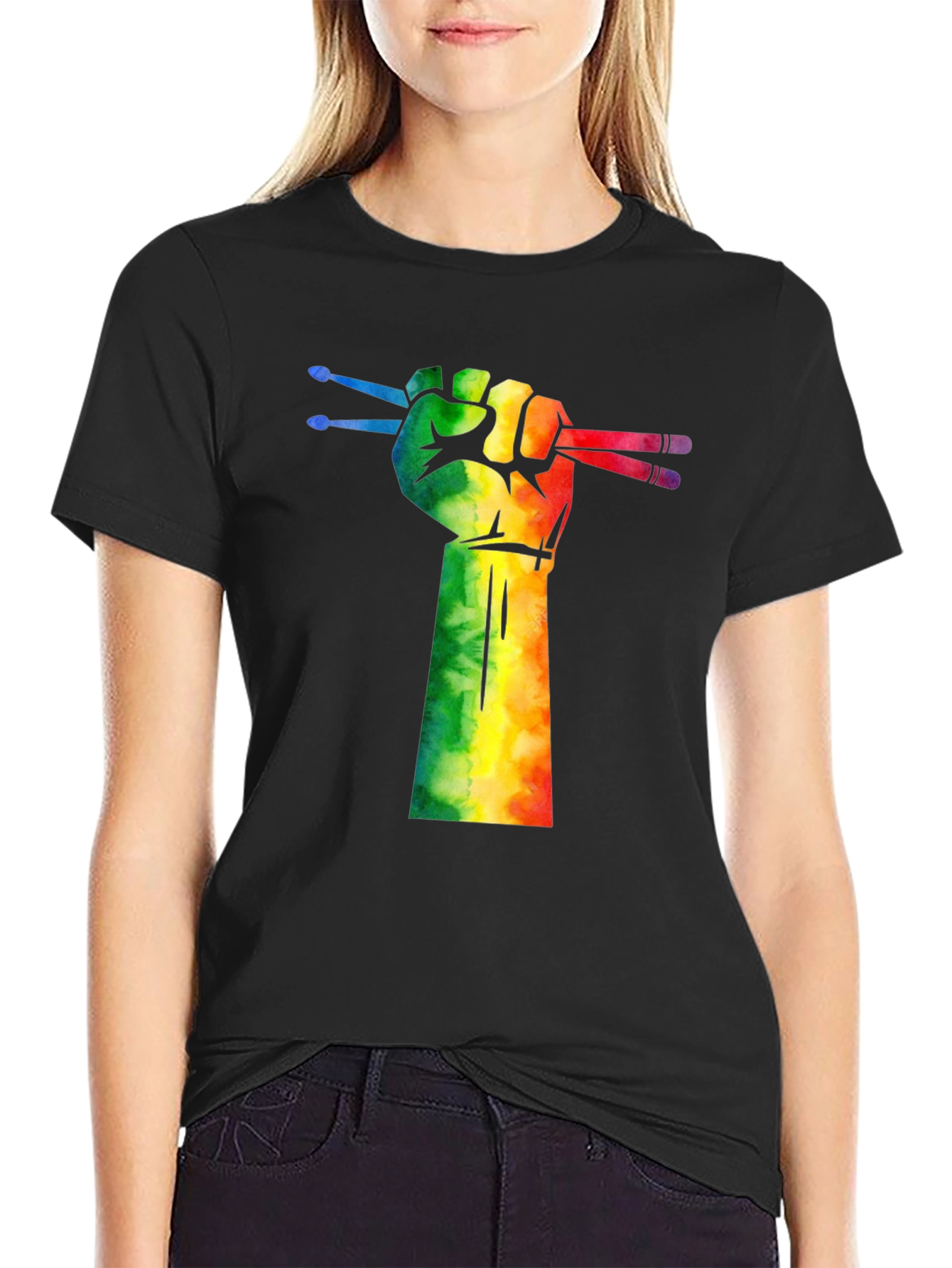 Drummer Pride T-Shirt: Rainbow Fist Drumsticks Graphic