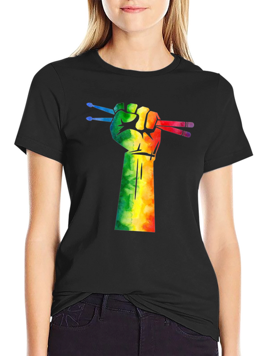 Drummer Pride T-Shirt: Rainbow Fist Drumsticks Graphic