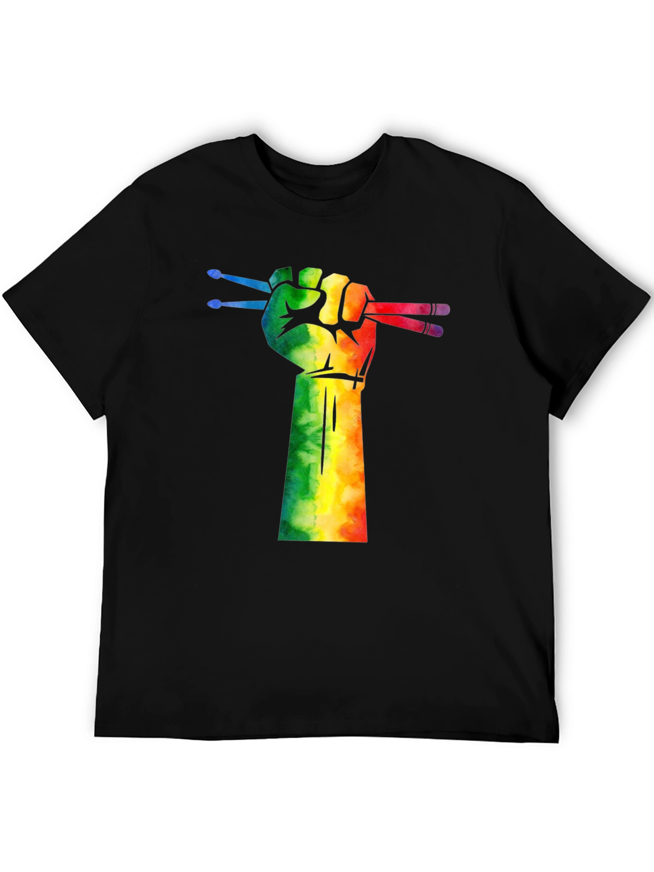 Drummer Pride T-Shirt: Rainbow Fist Drumsticks Graphic