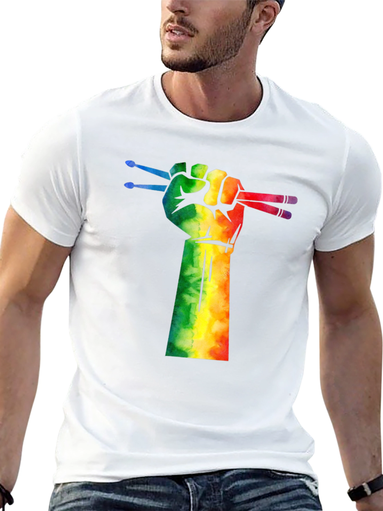 Drummer Pride T-Shirt: Rainbow Fist Drumsticks Graphic