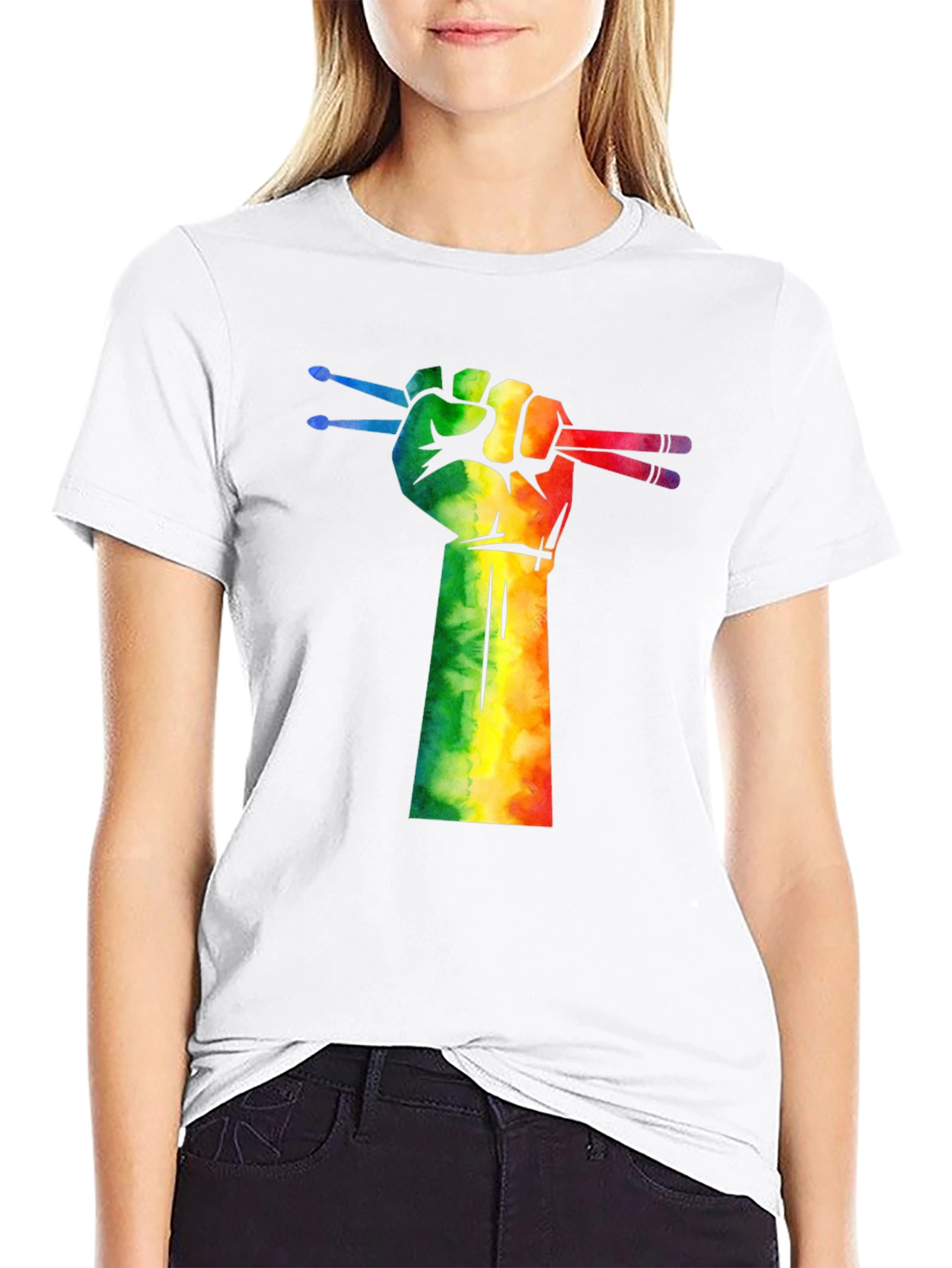 Drummer Pride T-Shirt: Rainbow Fist Drumsticks Graphic